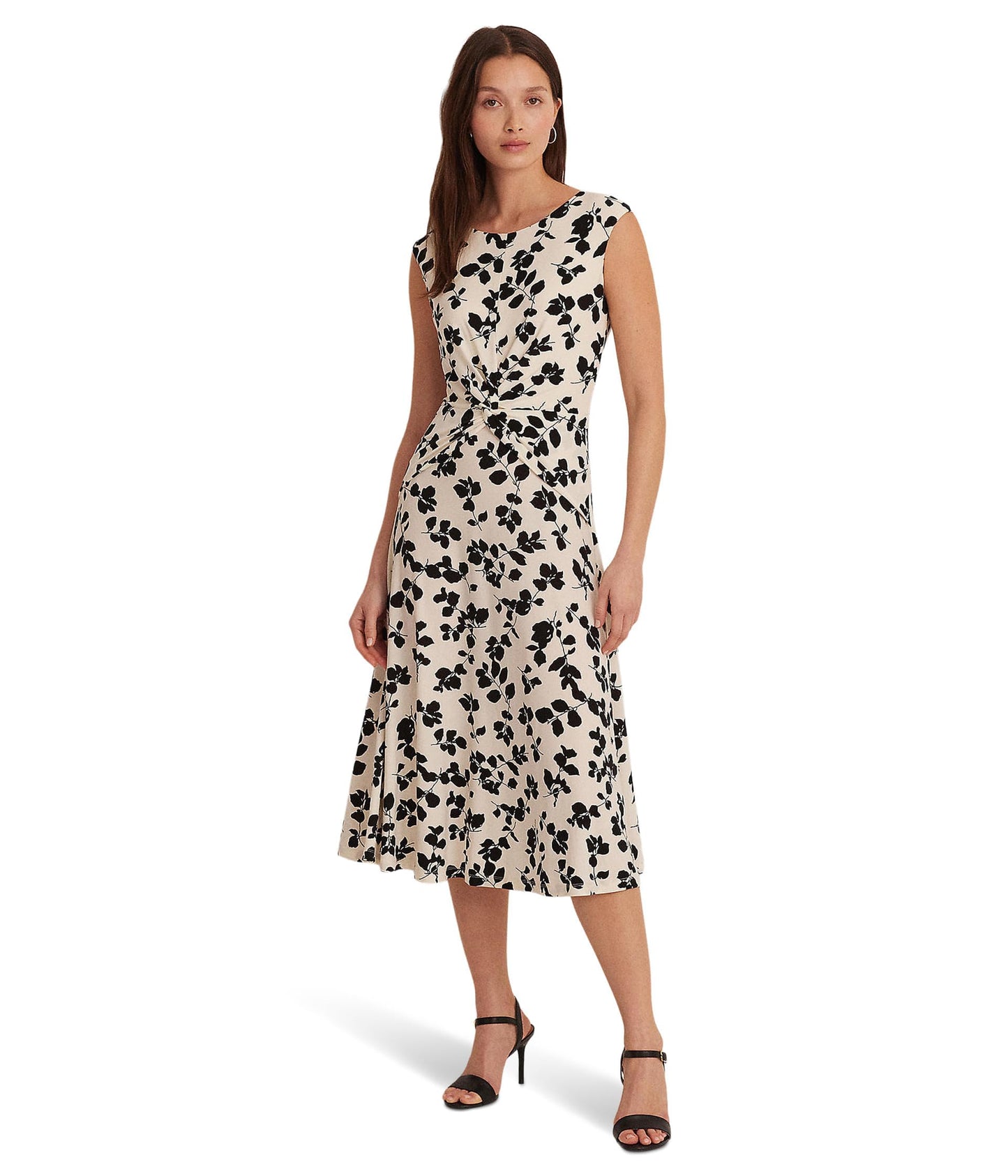 Lauren Ralph Lauren Womens Floral Belted Bubble Crepe Dress Cream/Black 8