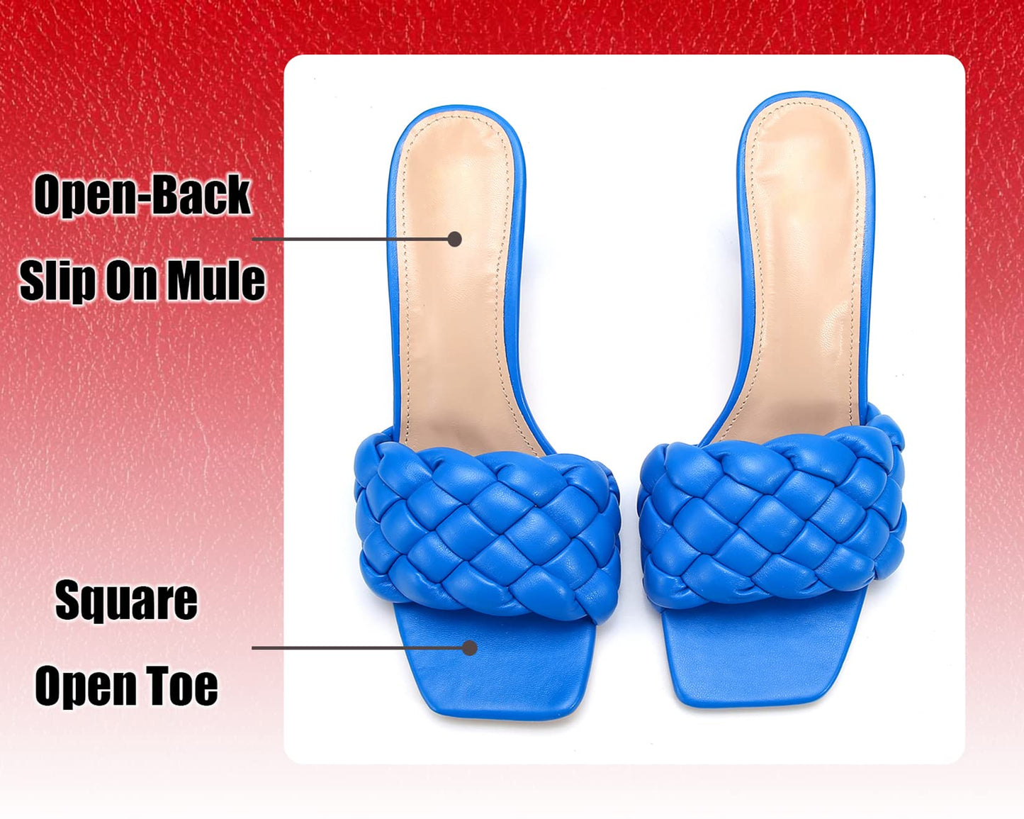 Braided Sandals For Women Heeled Sandals Slip On Stiletto Heels Slides Casual Shoes Square Toe Backless Chunky Woven Leather Strappy Dress Pumps Mules Summer Party Beach Non-Slip Xi Blue 6
