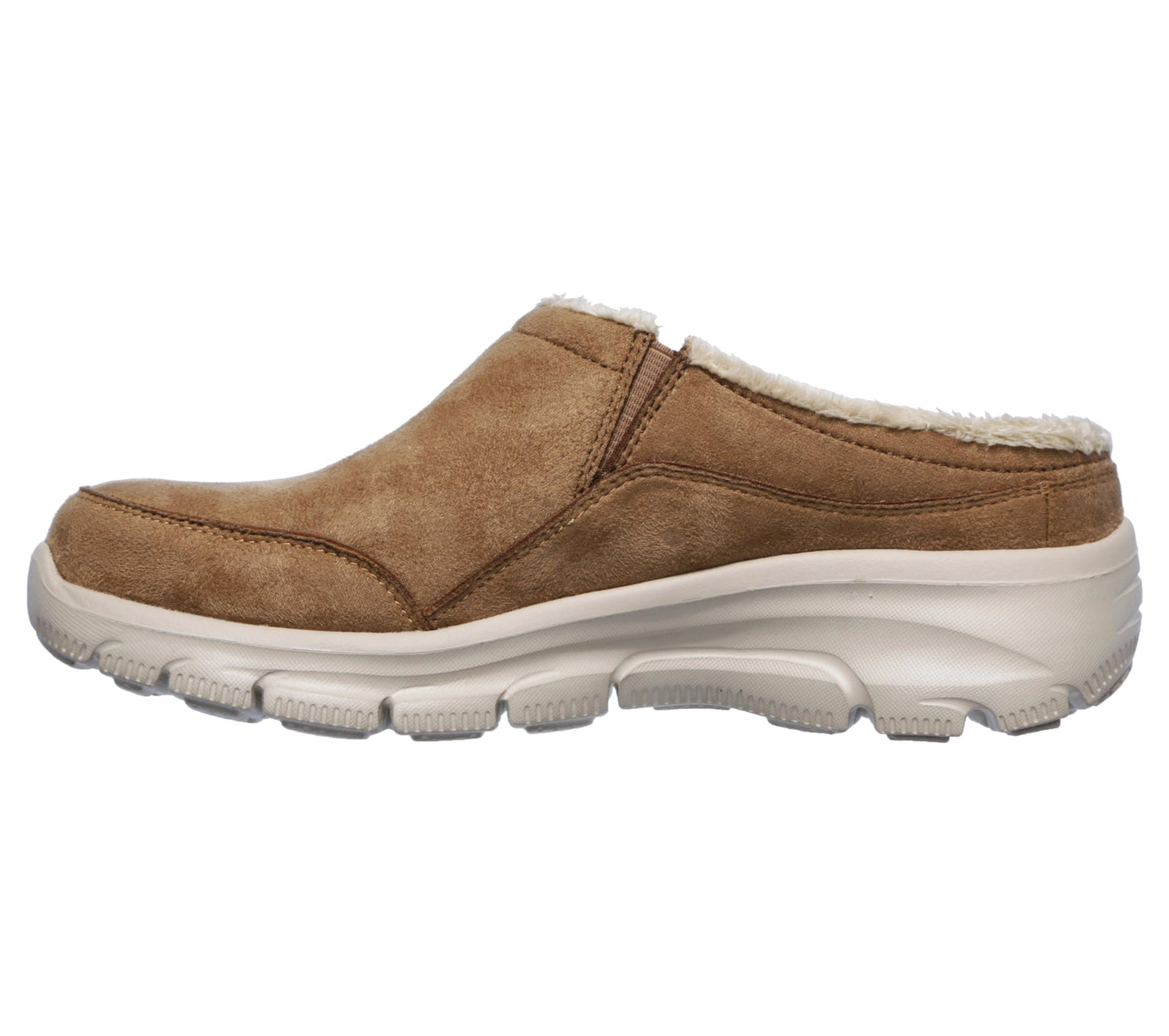 Skechers Women's Clogs - Relaxed Fit: Easy Going - Latte-Twin Gore Open Back Suede Fur Slip-On Clogs with Air Cooled Insole Mule, Tan, 11
