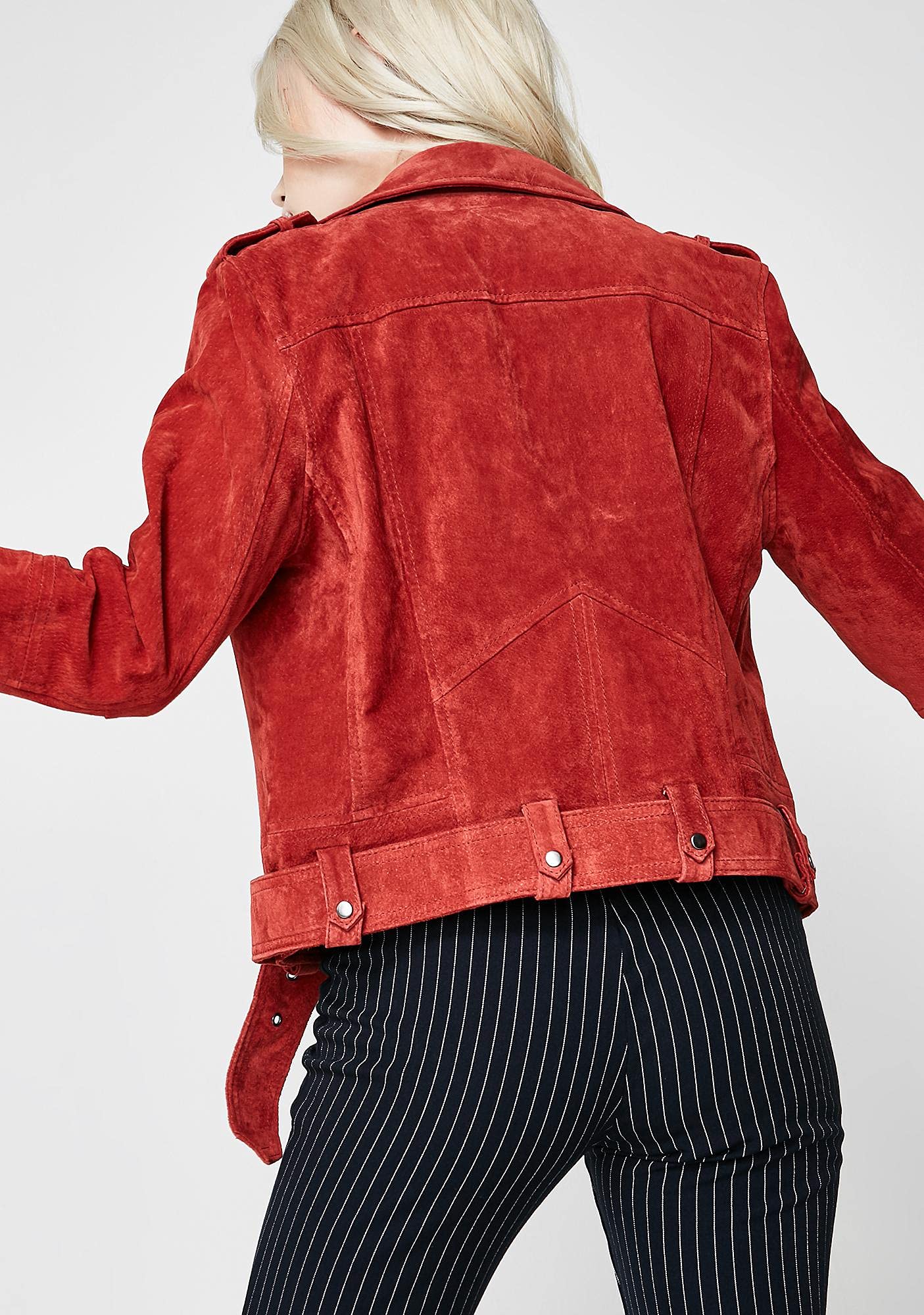 [BLANKNYC] womens Luxury Clothing Cropped Suede Leather Motorcycle Jackets, Comfortable & Stylish Coats, Red My Mind, Small