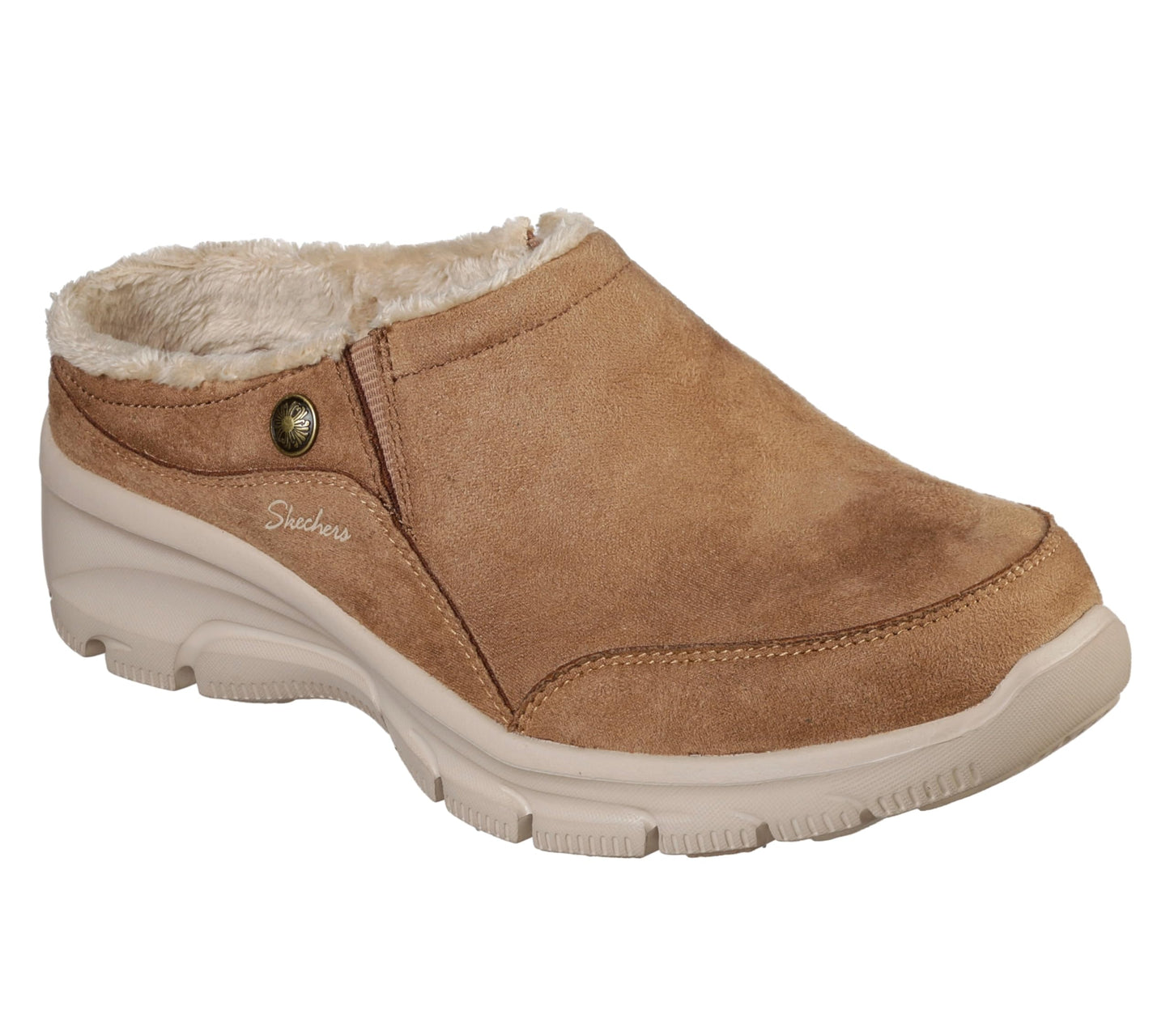 Skechers Women's Clogs - Relaxed Fit: Easy Going - Latte-Twin Gore Open Back Suede Fur Slip-On Clogs with Air Cooled Insole Mule, Tan, 11