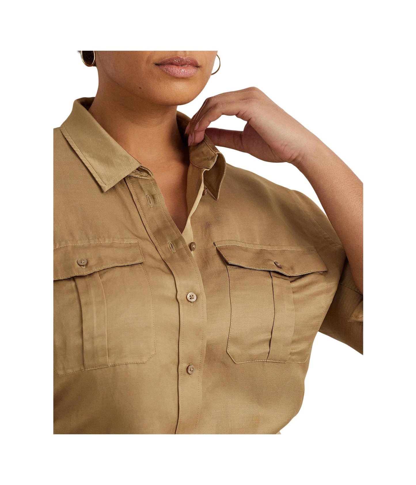 Lauren Ralph Lauren Womens Plus-Size Satin Shantung Shirt Burnished Tan 1X