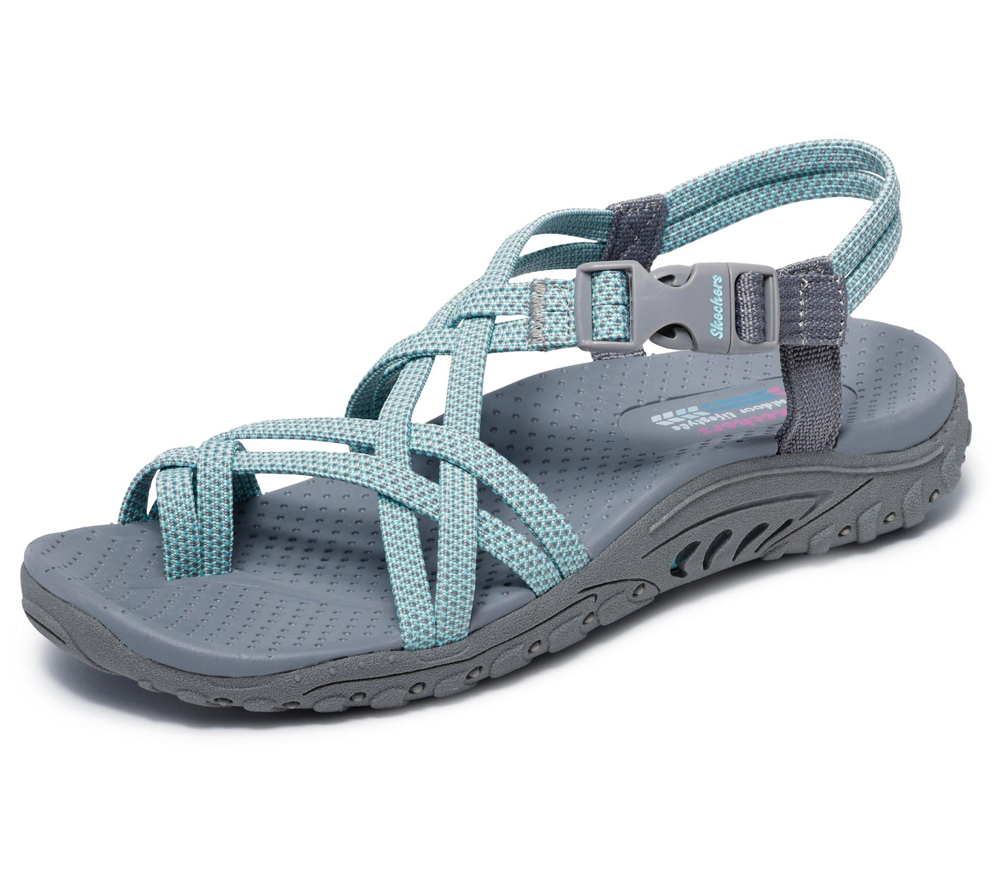 Skechers Women's REGGAE - IRIE MON -Multi strap toe thong sandal, Gray/Aqua, 11