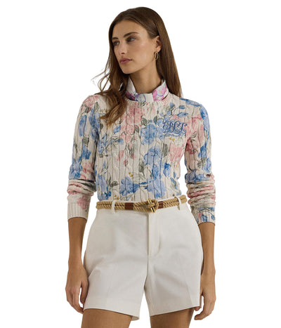 Lauren Ralph Lauren Women's Petite Floral Cable-Knit Cotton Sweater Cream Multi Medium