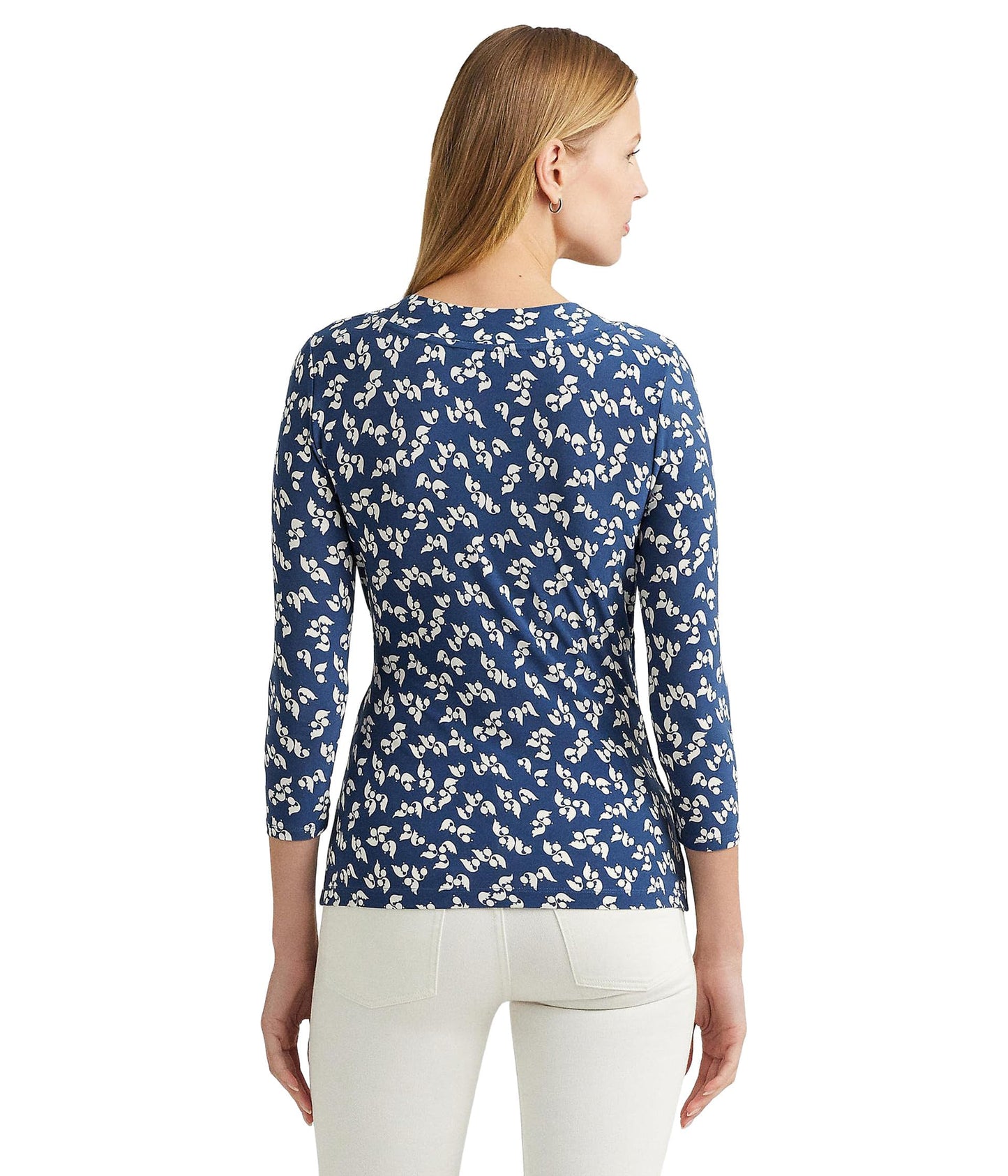 Lauren Ralph Lauren Women's Floral Stretch Jersey Top Blue/Cream Large