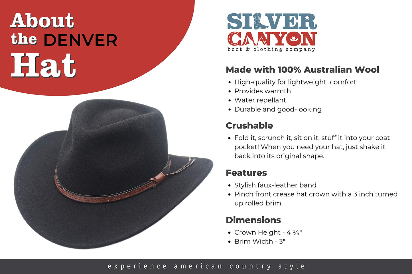 Silver Canyon Men's Denver Crushable Wool Felt Western Style Cowboy Hat - Silver Belly