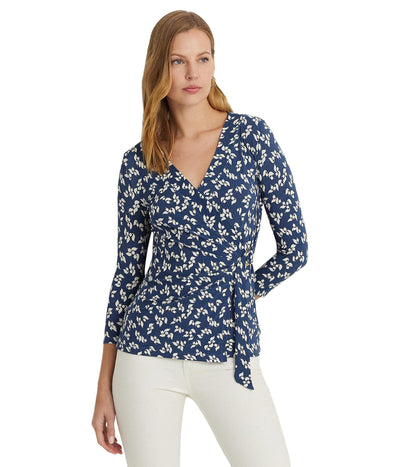 Lauren Ralph Lauren Women's Floral Stretch Jersey Top Blue/Cream Large