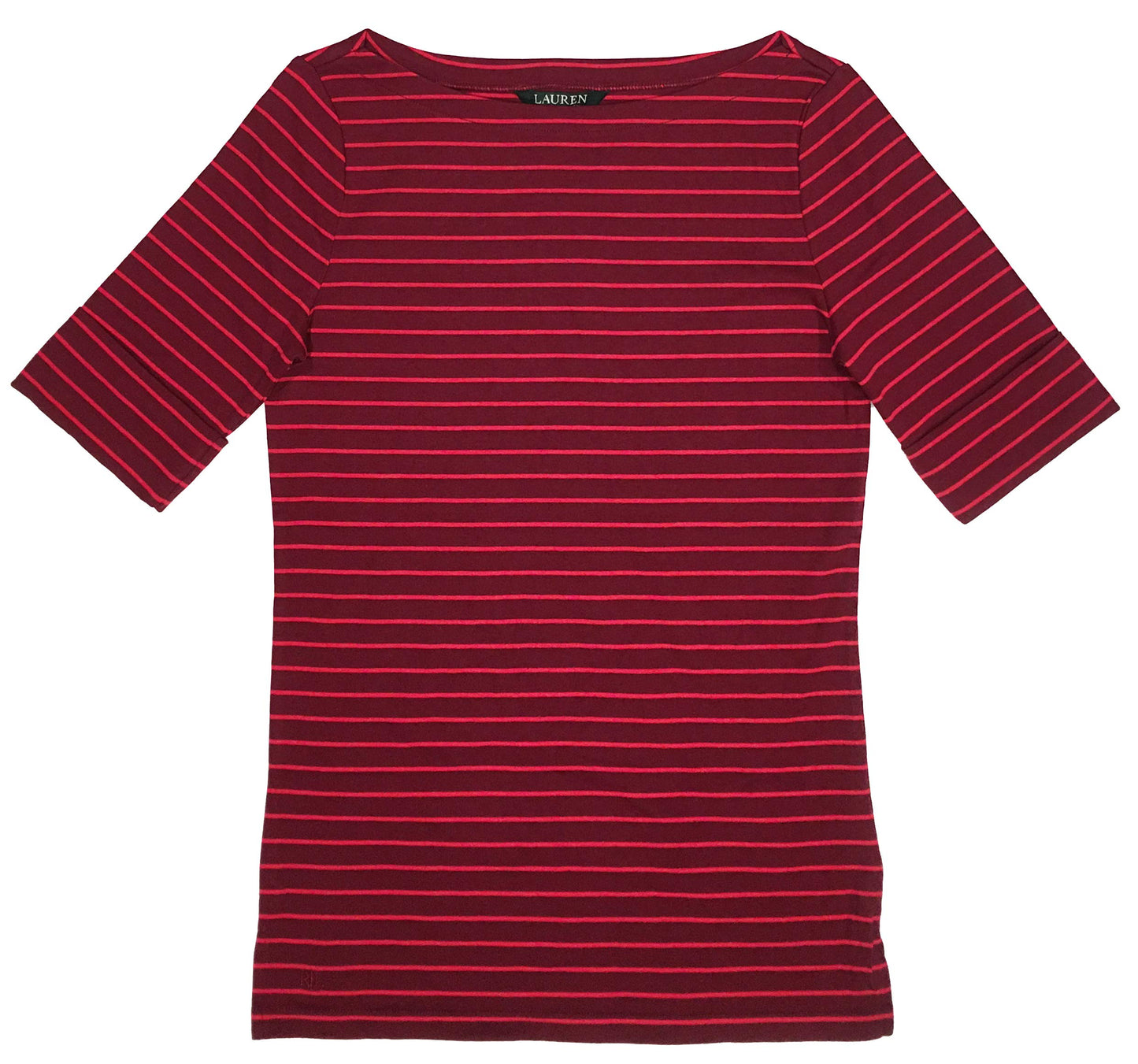 LAUREN RALPH LAUREN Boatneck Stretch Cotton Tee Top (L, Bordeaux/Crimson Striped)