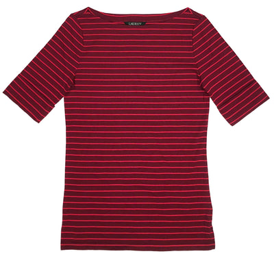 LAUREN RALPH LAUREN Boatneck Stretch Cotton Tee Top (L, Bordeaux/Crimson Striped)