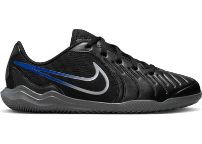 Nike Jr. Tiempo Legend 10 Club Little/Big Kids' Indoor/Court Low-Top Soccer Shoes (DV4354-040, Black/Hyper Royal/Chrome) Size 5