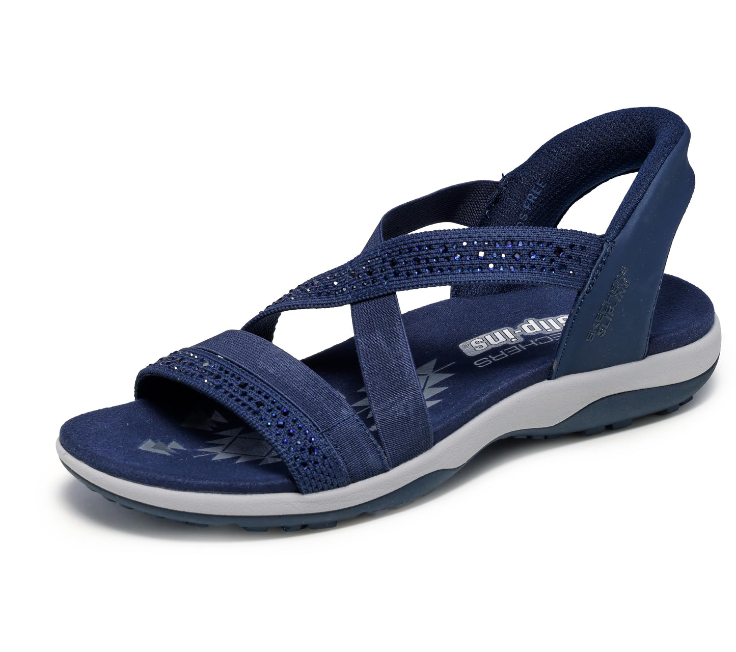 Skechers Women's REGGAE SLIM - SUMMER SPARKLE, Hands Free Slip-Ins Jeweled Stretch Knit Sandal, Navy, 12M