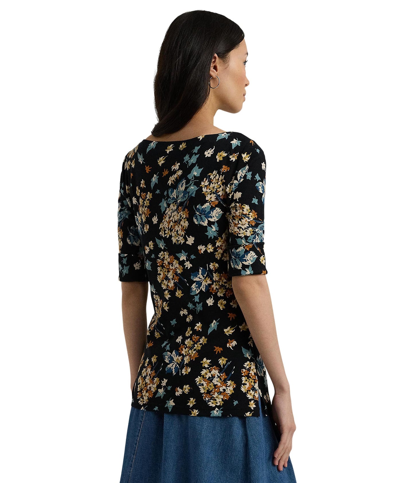 Lauren Ralph Lauren Women's Petite Floral Stretch Cotton Boatneck Tee Black Multi PXS