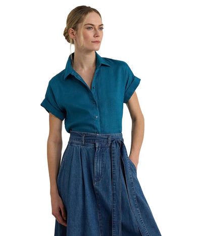 Lauren Ralph Lauren Womens Relaxed Fit Linen Short-Sleeve Shirt Turquoise Sky Small