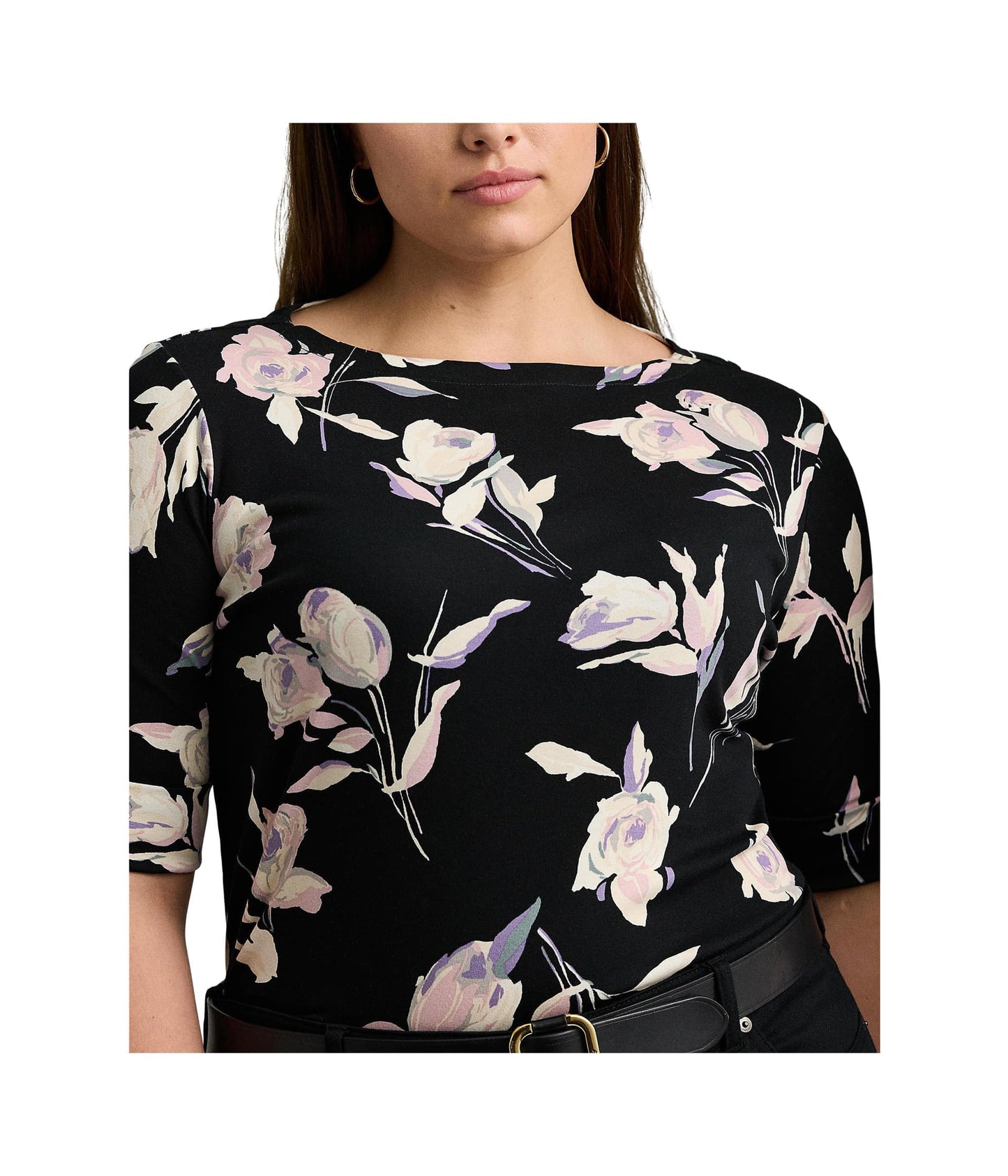 Lauren Ralph Lauren, Womens, Plus-Size Floral Stretch Cotton Boatneck Tee, Black/Cream Multi, 3X