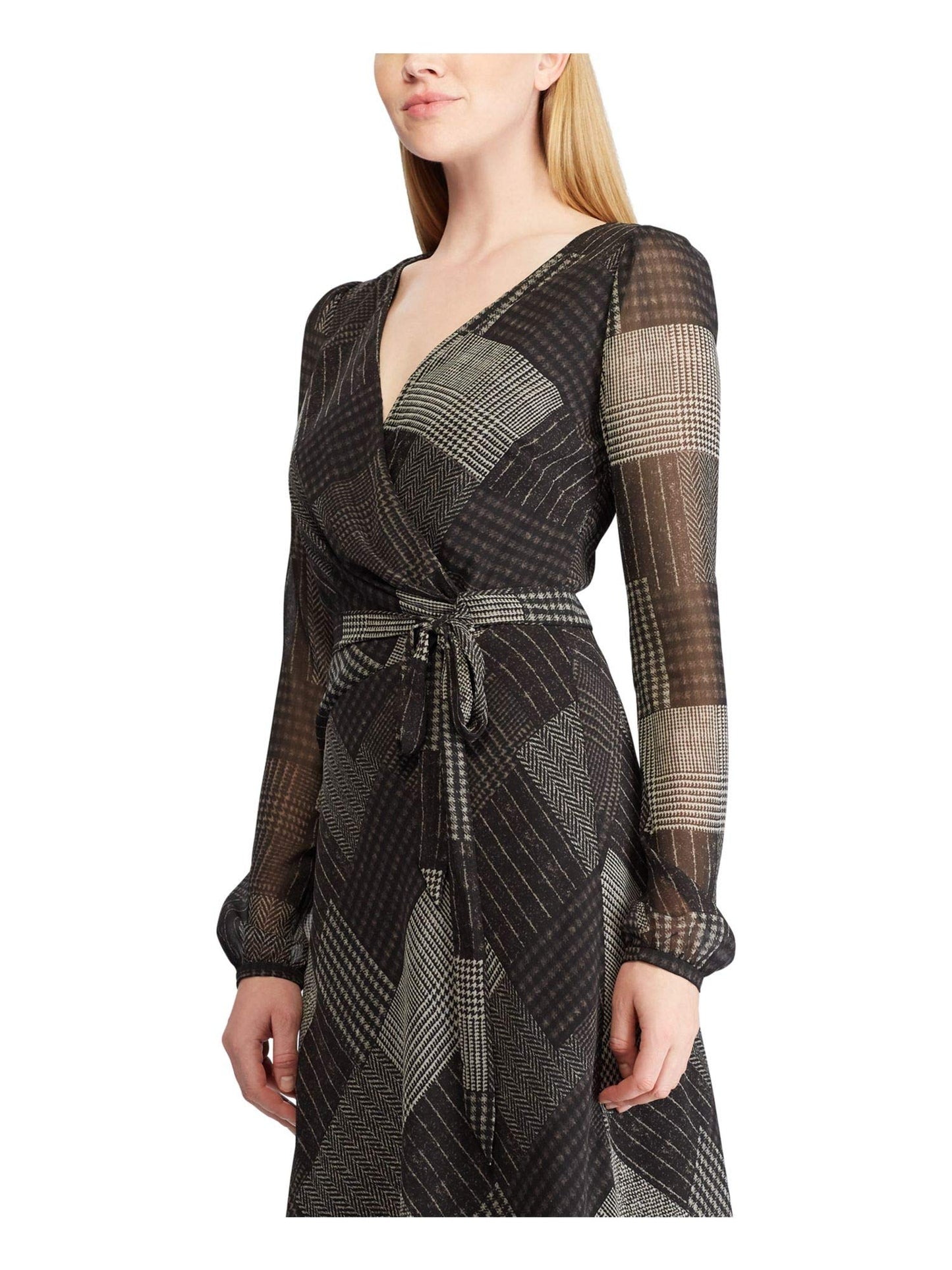 LAUREN RALPH LAUREN Womens Franny Patchwork Faux Wrap Cocktail Dress Black 2