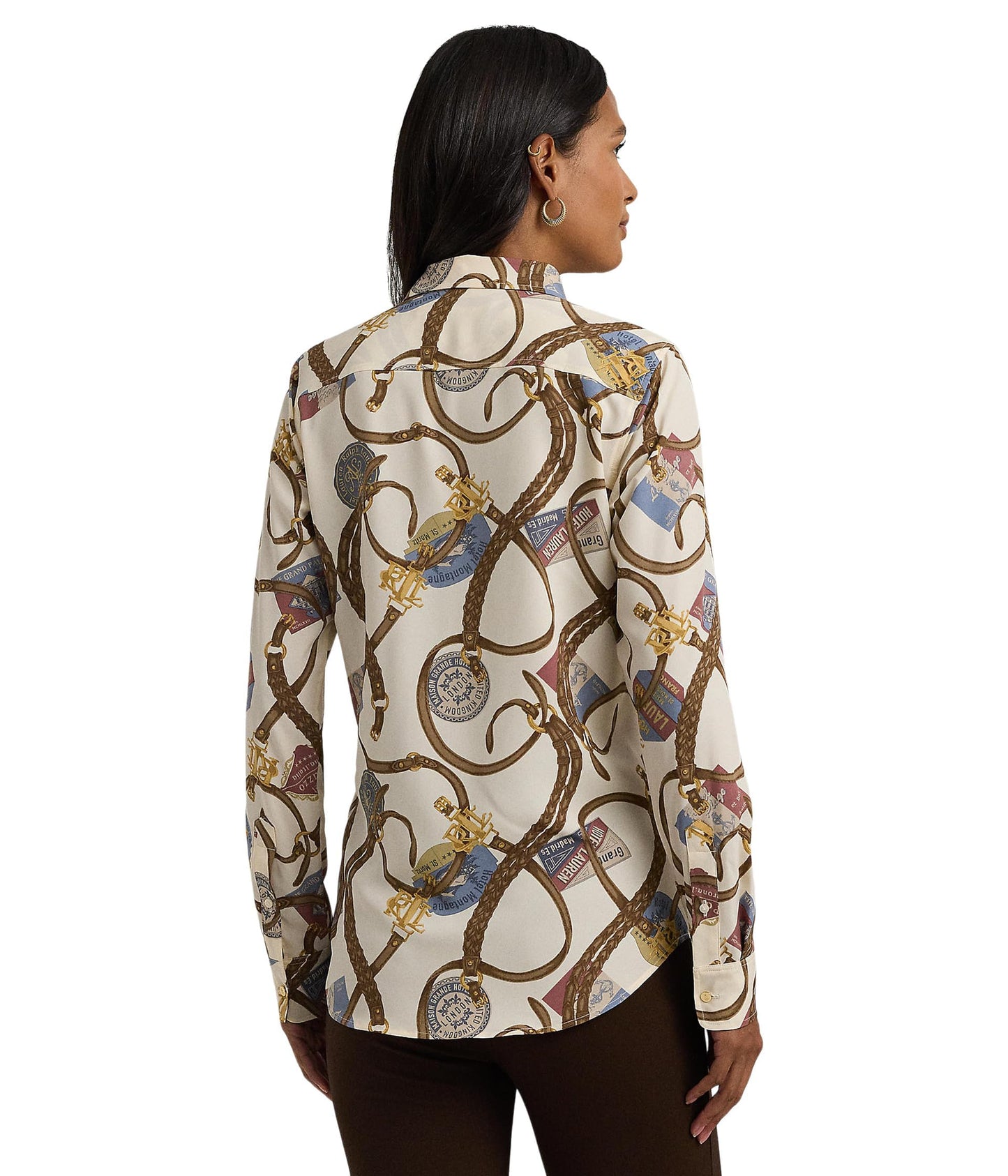 Lauren Ralph Lauren Womens Classic Fit Belting-Print Crepe Shirt, Cream Multi, Small