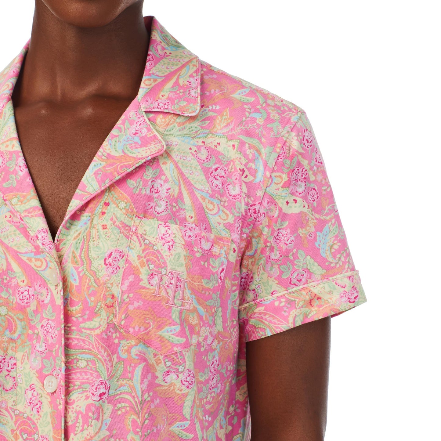 Lauren Ralph Lauren Short Sleeve Notch Collar Bermuda PJ Set Pink Paisley XL (US 16-18)