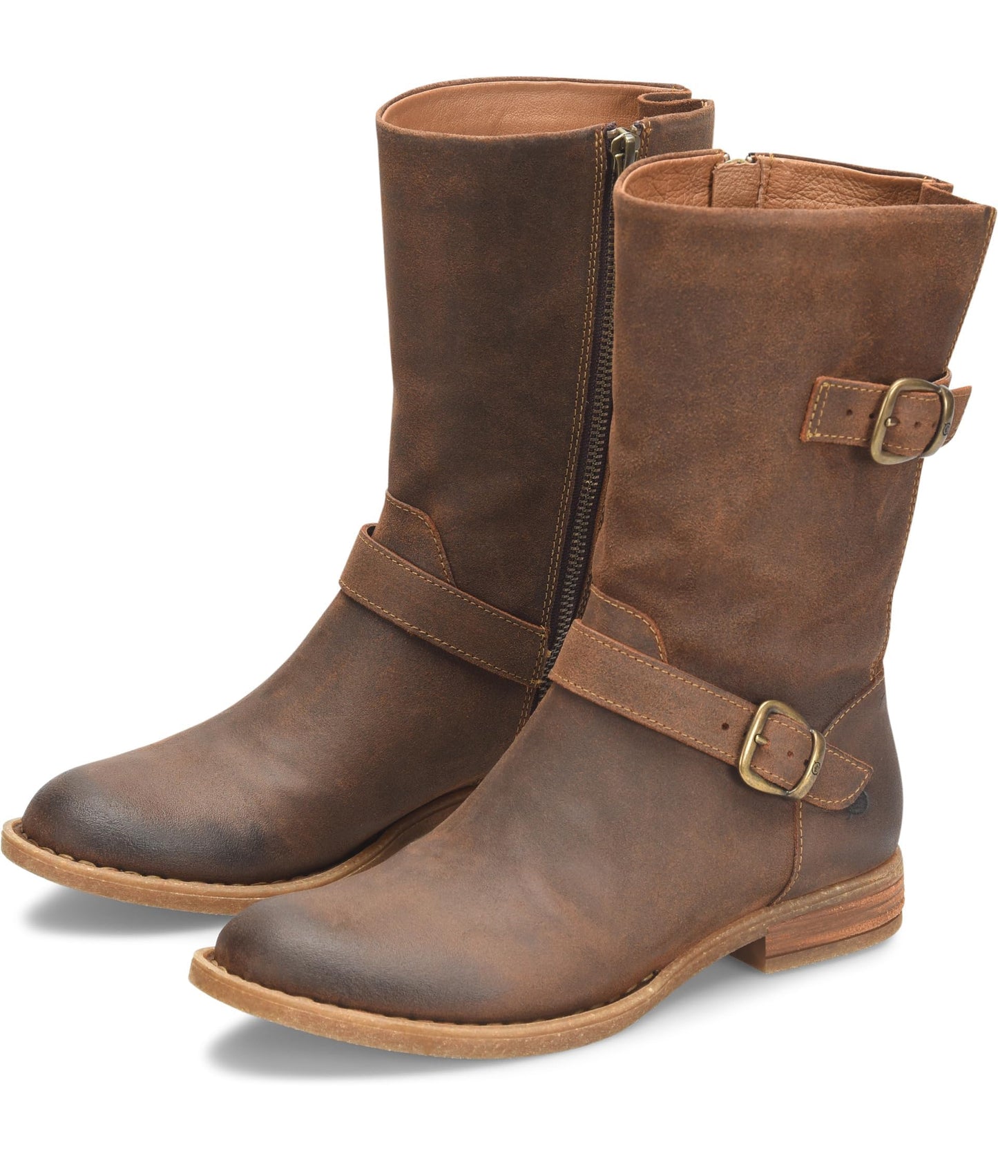 BORN Delano Women’s Brown Mid Calf Engineer Boots Buckle Zip Comfort Size 6 M