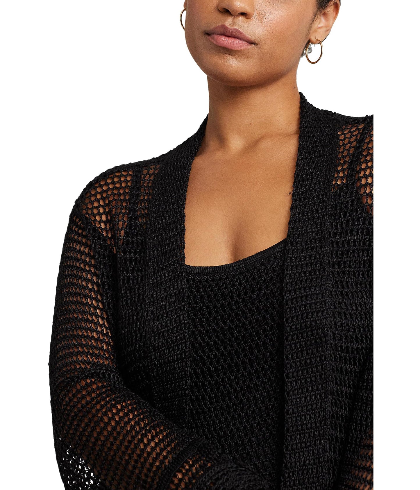 Lauren Ralph Lauren Womens Plus-Size Pointelle-Knit Linen-Blend Cardigan Black 2X