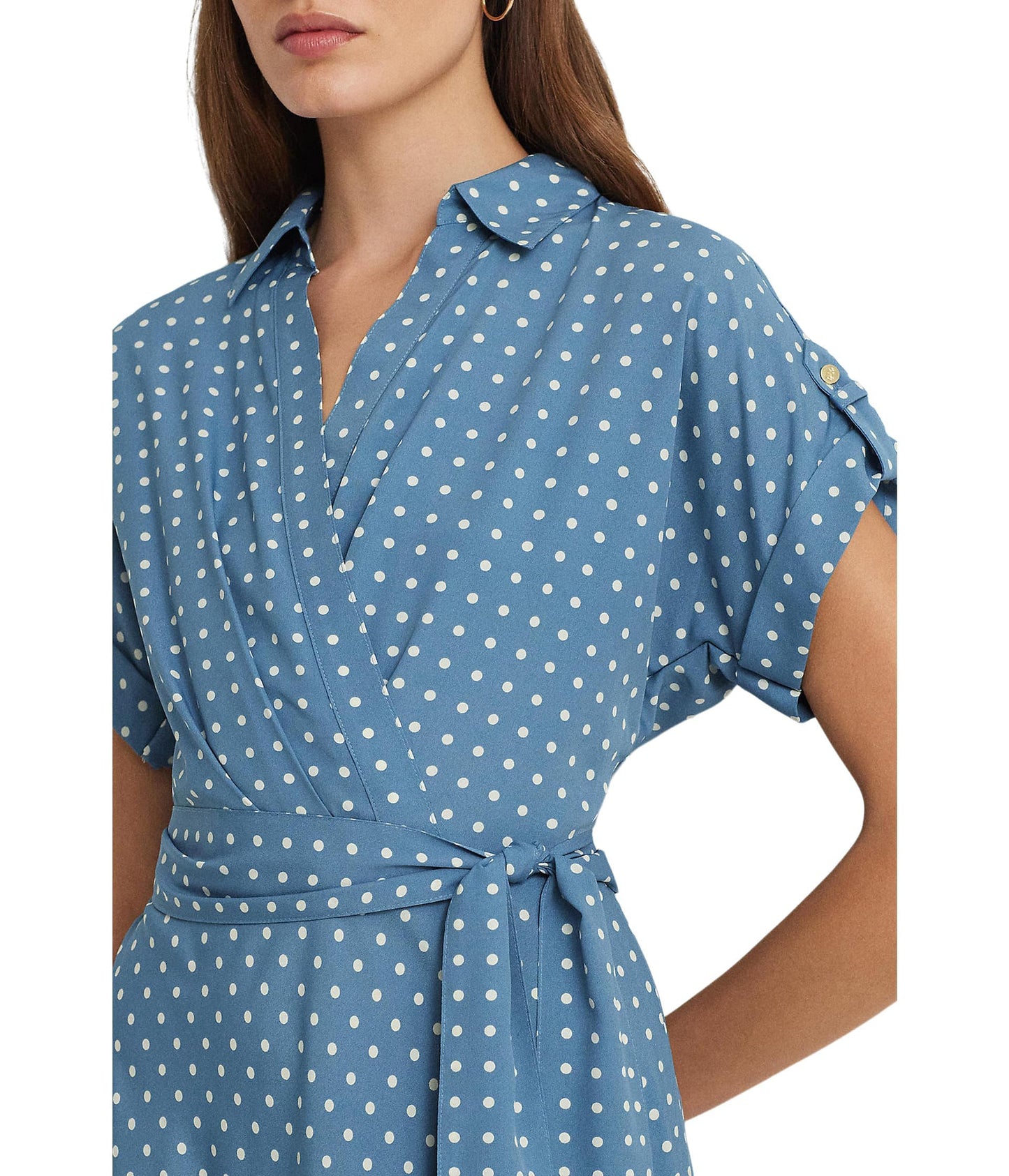 Lauren Ralph Lauren, Women's, Polka-Dot Belted Crepe Dress, Blue/Cream, 16