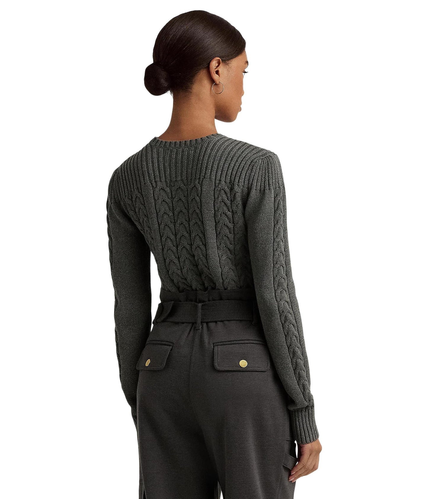 Lauren Ralph Lauren Womens Cable-Knit Puff-Sleeve Sweater Modern Grey Heather Medium