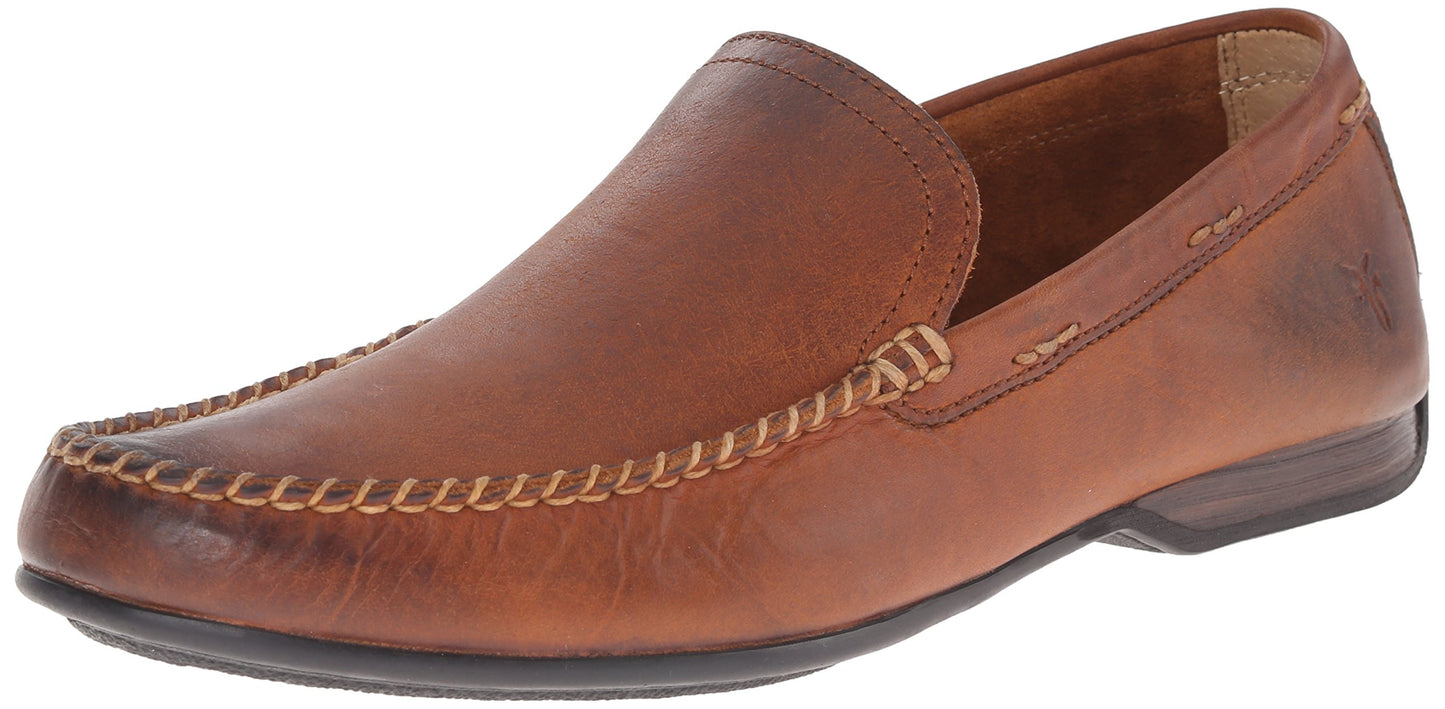 Frye Lewis Venetian Loafers for Men Hand-Crafted with Antique Pull-Up Leather with Moccasin Construction, Full Rubber Outsole, and Modified Heel, Cognac - Renice - 13 M