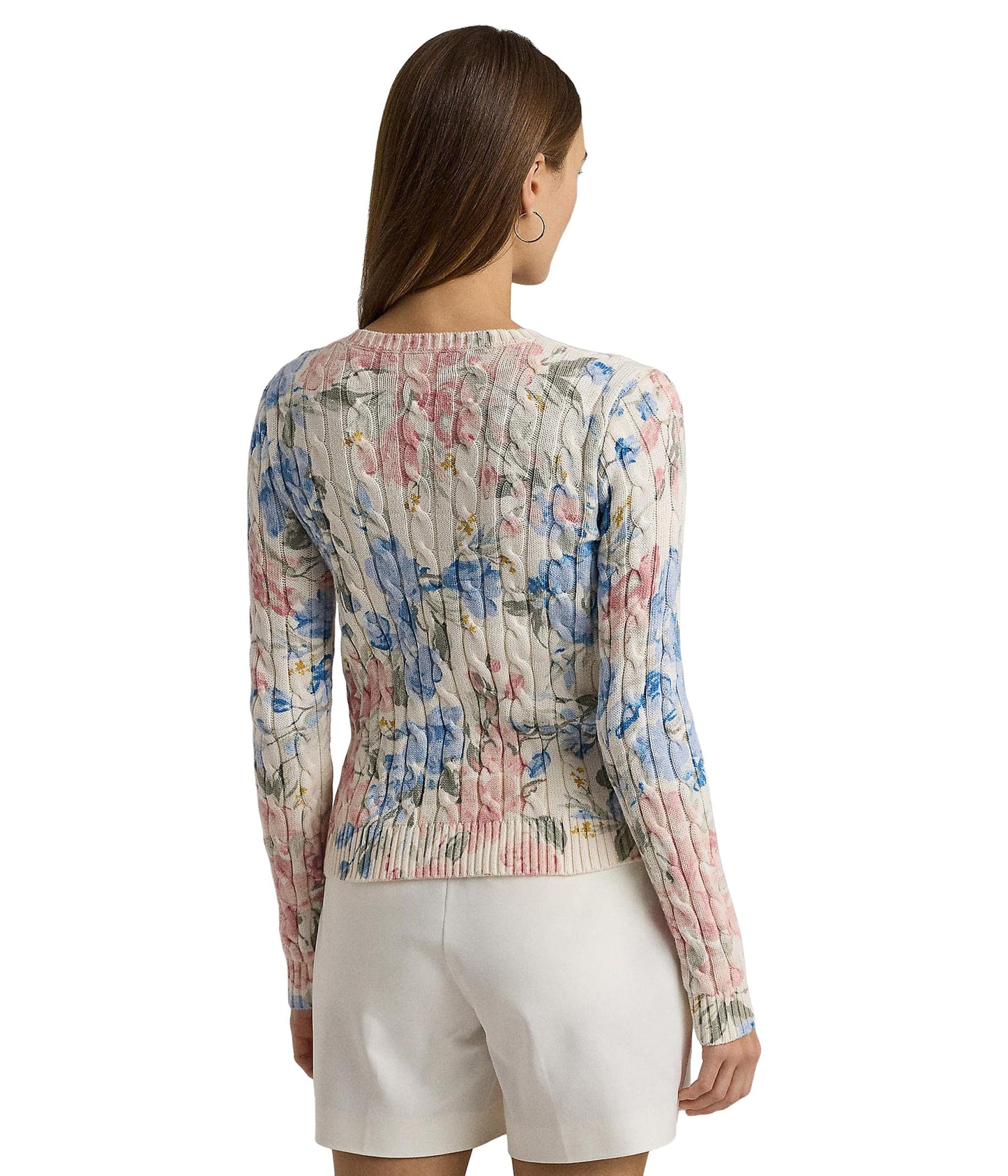 Lauren Ralph Lauren Women's Petite Floral Cable-Knit Cotton Sweater Cream Multi Medium