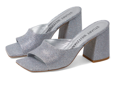 Stuart Weitzman Tia 85 Flareblock Slide Silver 7 B