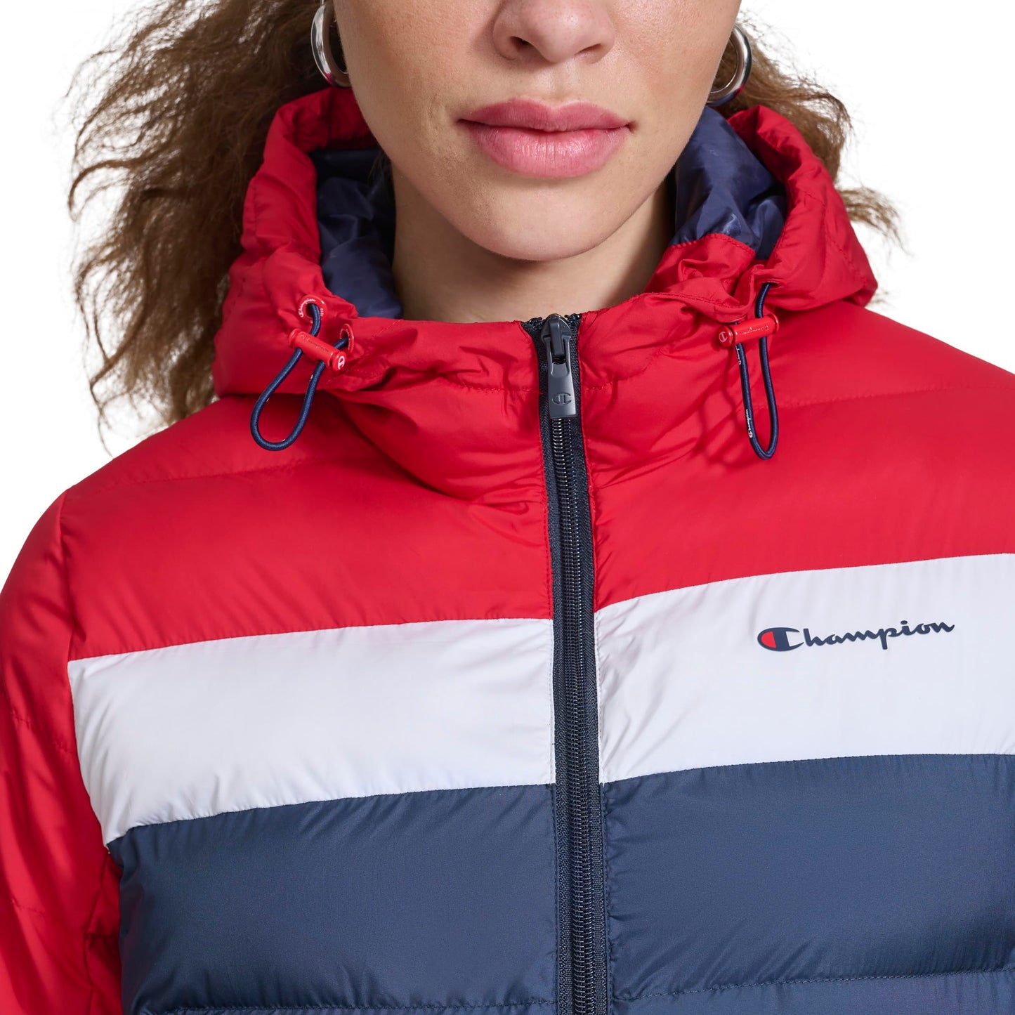 Champion Women's Quilted Coat Packable Puffer Jacket with Hood, Red/Navy Combo