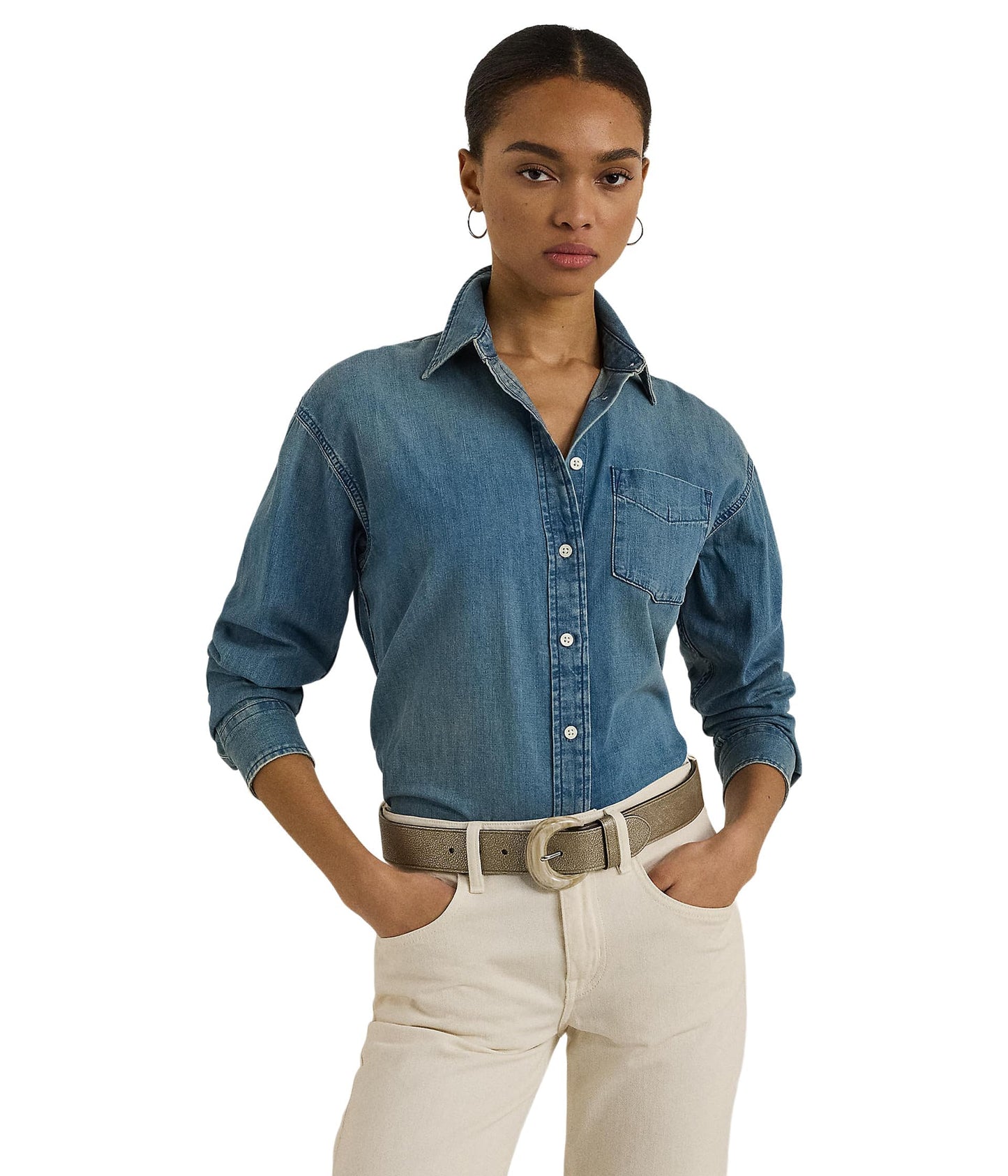Lauren Ralph Lauren Women's Petite Relaxed Fit Denim Shirt Autumn Blue Wash PM