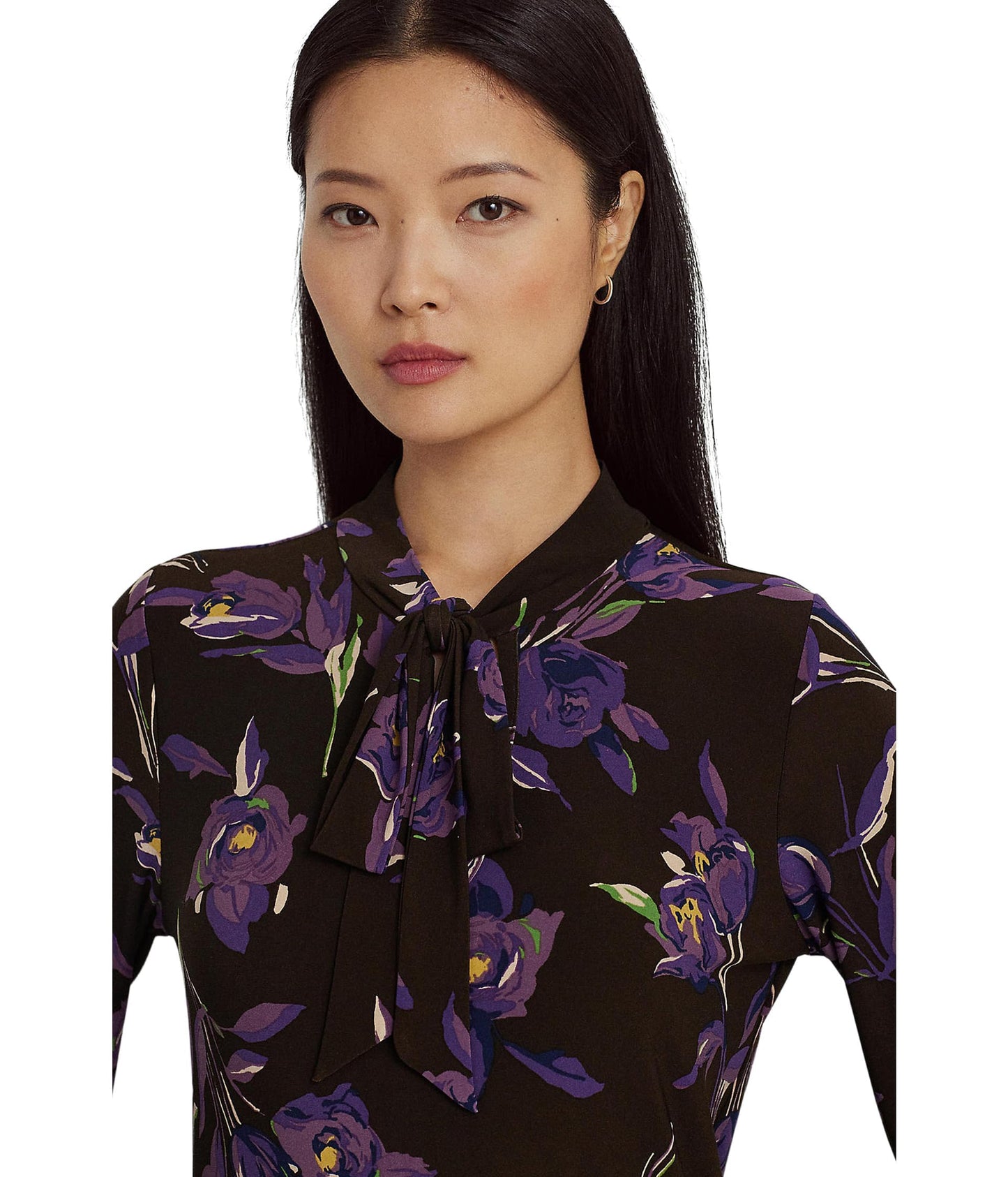 Lauren Ralph Lauren Women's Floral Stretch Jersey Tie-Neck Top Brown/Purple/Multi L