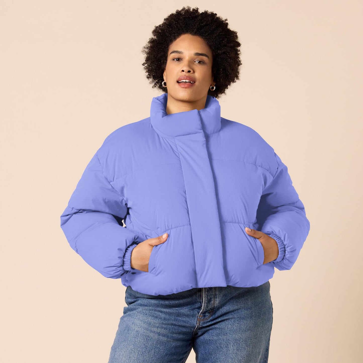 Amazon Essentials Women's Cropped Full-Zip Puffer Jacket (Quilted Matte or Sherpa Fleece), Purple Blue, Large