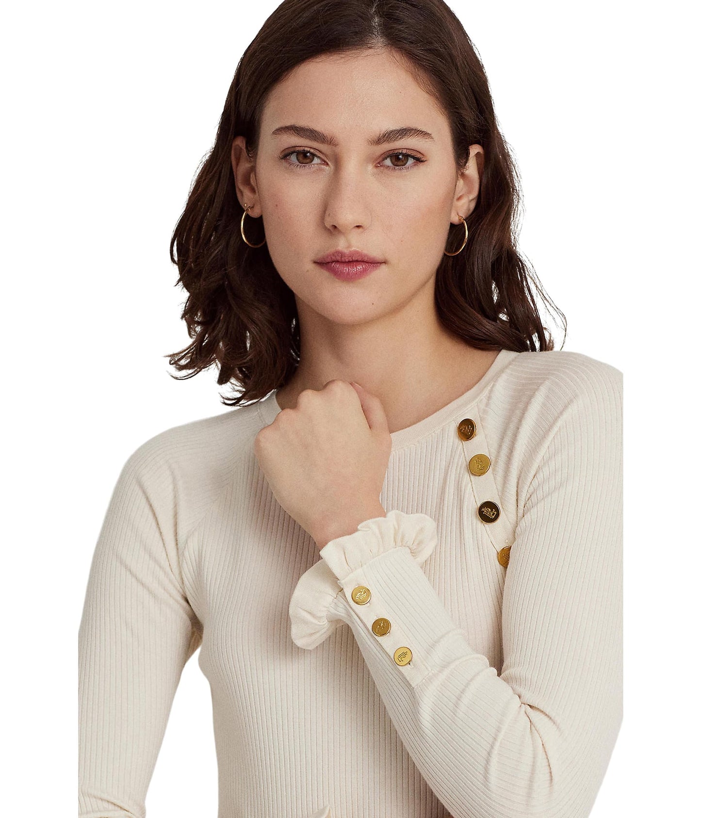 Lauren Ralph Lauren Button-Trim Cotton-Blend Knit Top Mascarpone Cream SM