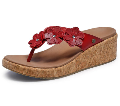 Skechers Women's ARCHFIT BEVERLEE - RARE BLOSSOM, Floral Applique Thong, RED, 9M