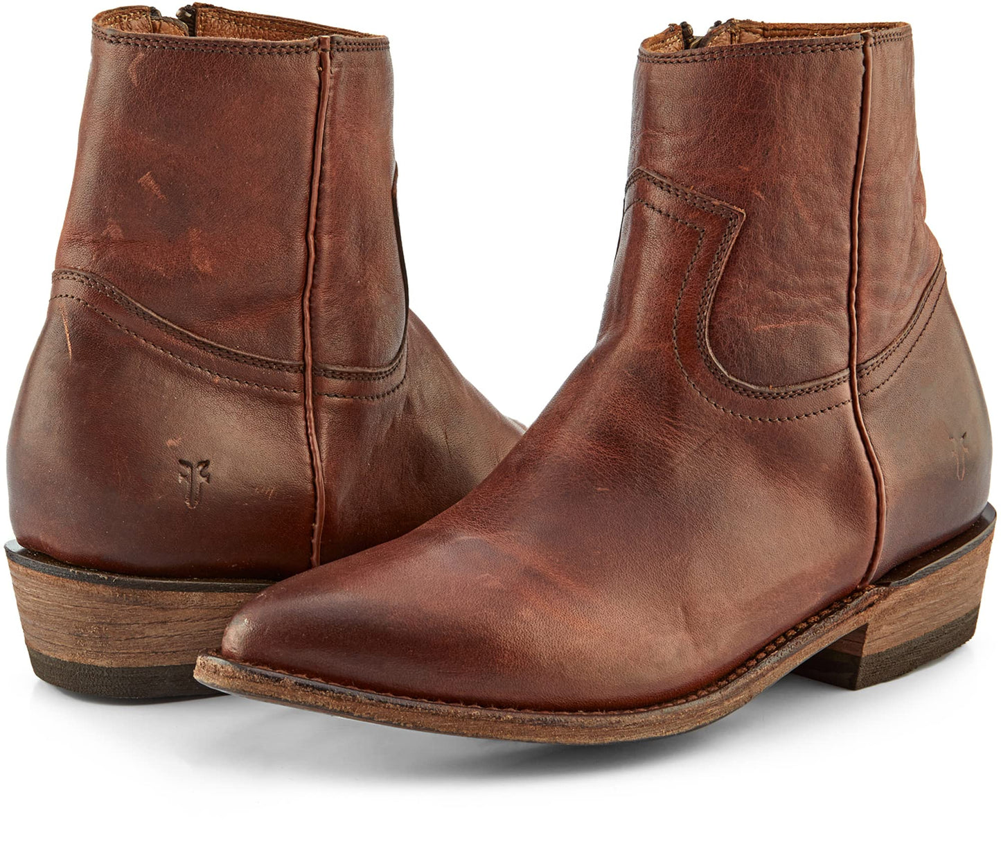Frye Billy Inside Zip Booties for Women Crafted from Antiqued Pull-Up Leather with Wellington Stitchwork and Piping, Brass Hardware, and Inside Zipper – 5 ¾” Shaft Height, Redwood - 6.5M
