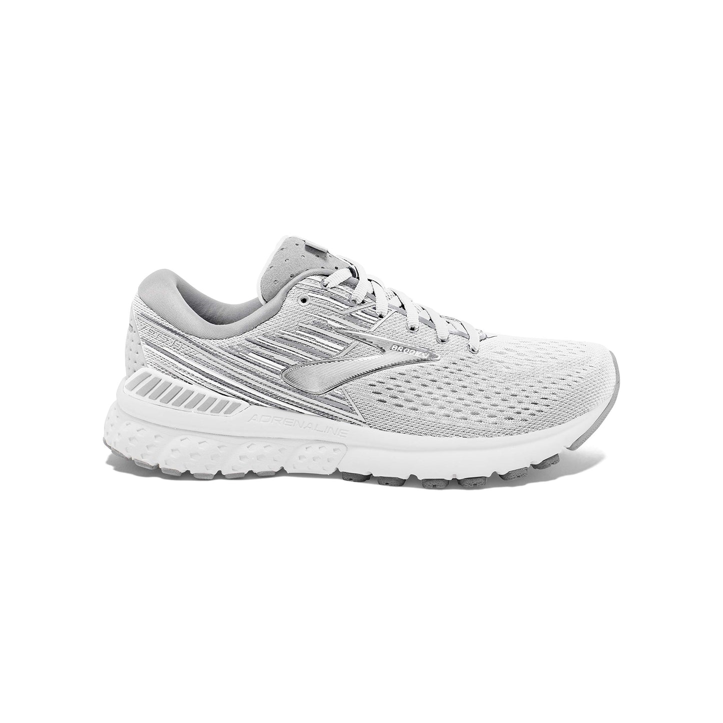 Brooks Womens Adrenaline GTS 19 Running Shoe - White/White/Grey - D - 10.5
