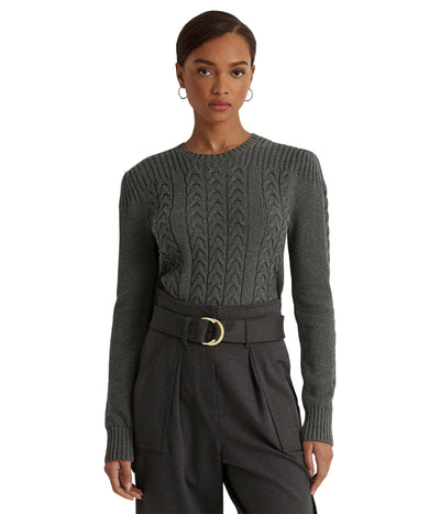 Lauren Ralph Lauren Womens Cable-Knit Puff-Sleeve Sweater Modern Grey Heather Medium