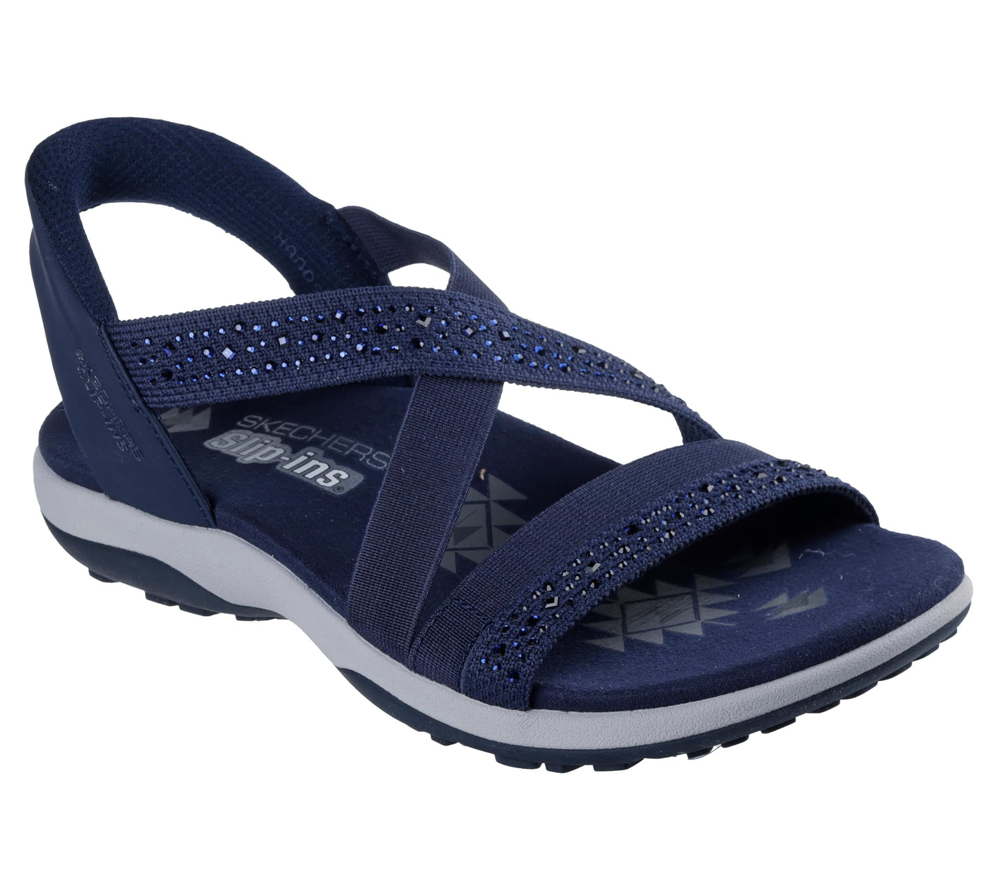 Skechers Women's REGGAE SLIM - SUMMER SPARKLE, Hands Free Slip-Ins Jeweled Stretch Knit Sandal, Navy, 12M