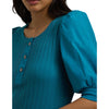 Lauren Ralph Lauren Women's Pointelle Puff Sleeve Henley Tee Turquoise Sky X-Large