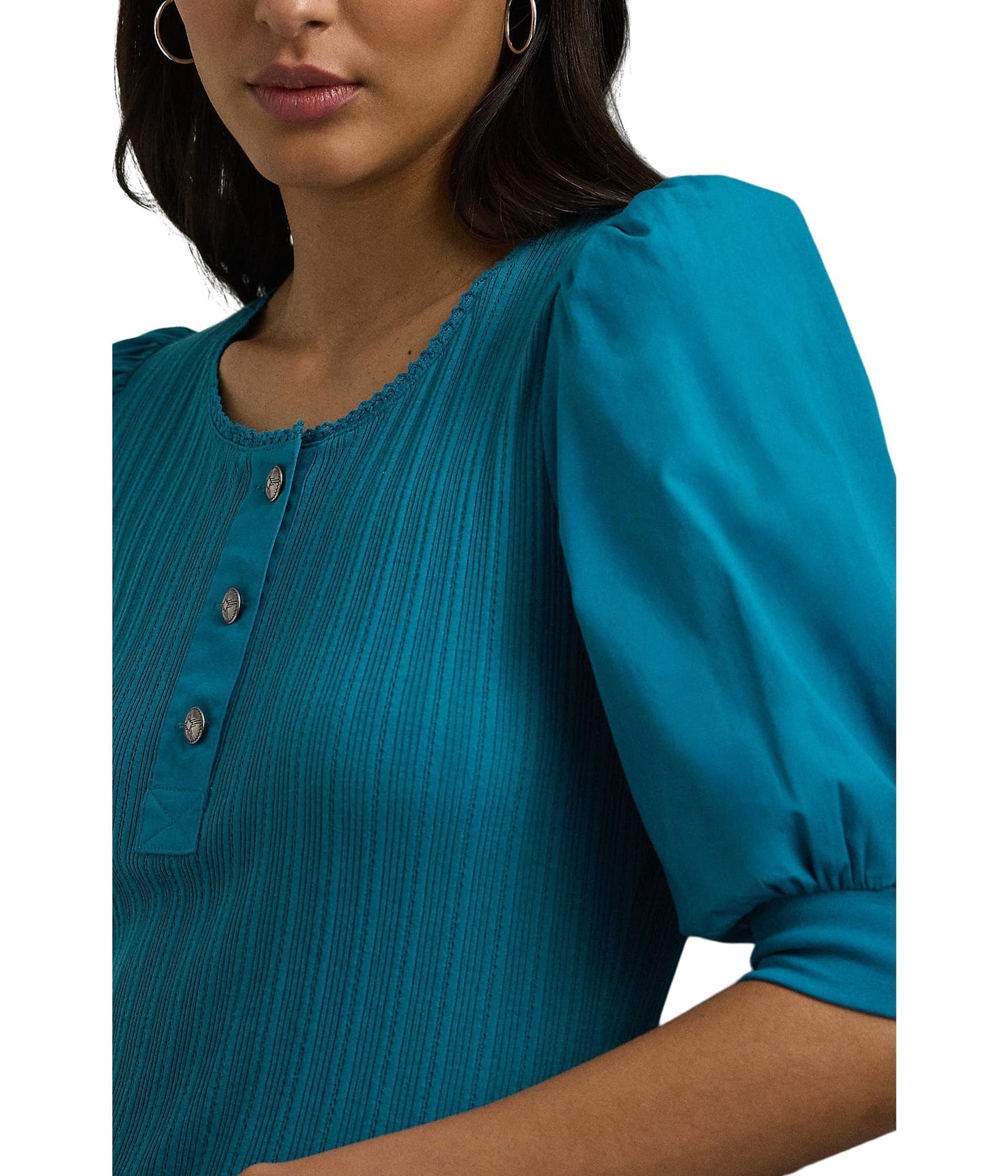 Lauren Ralph Lauren Women's Pointelle Puff Sleeve Henley Tee Turquoise Sky X-Large