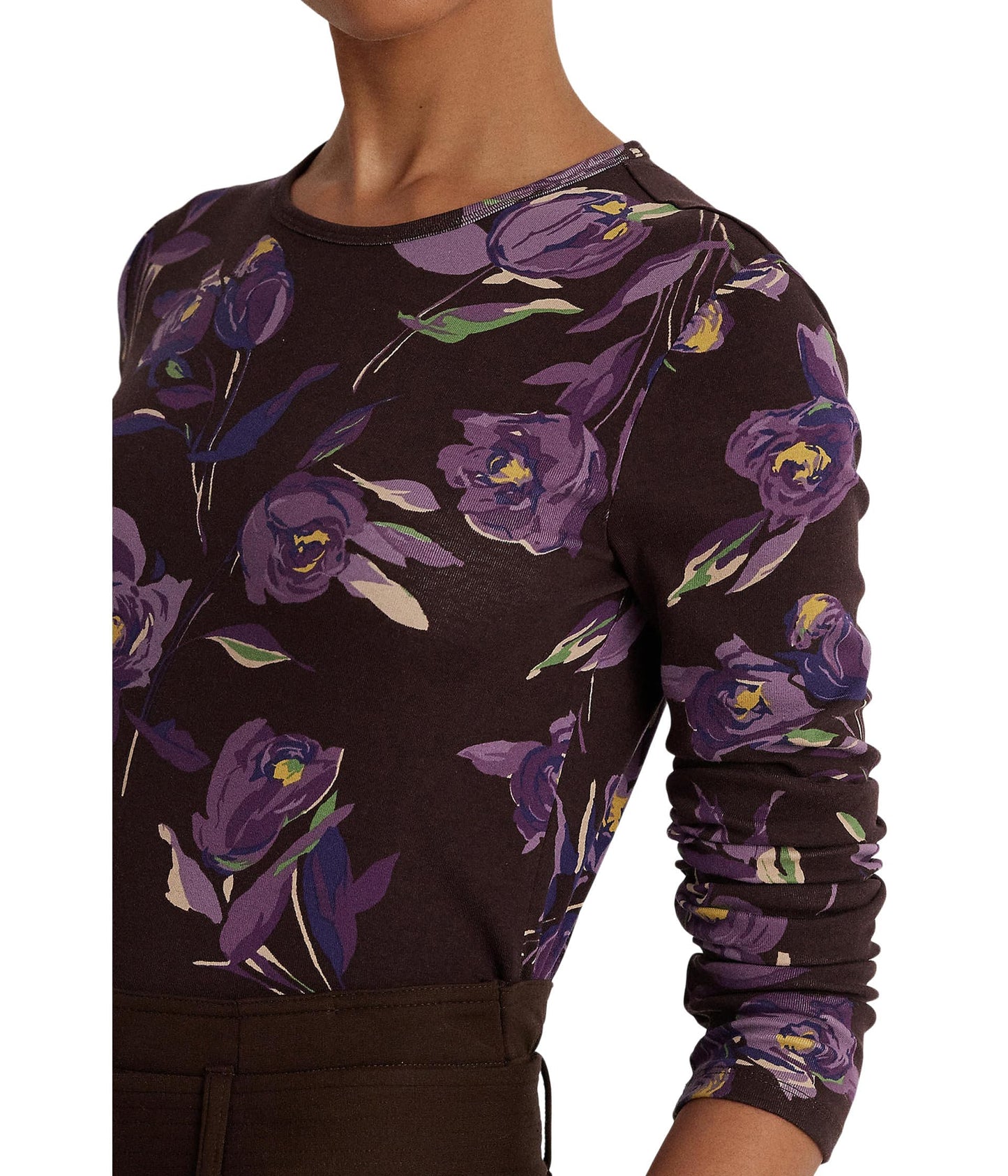 LAUREN Ralph Lauren Petite Floral Cotton Long Sleeve Tee Brown/Purple/Multi PXS