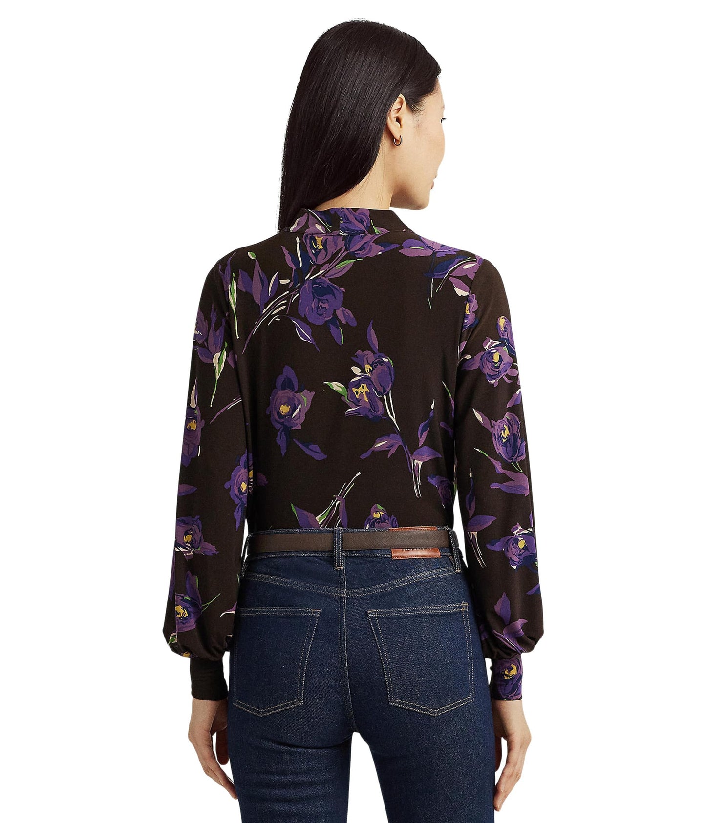 Lauren Ralph Lauren Women's Floral Stretch Jersey Tie-Neck Top Brown/Purple/Multi L
