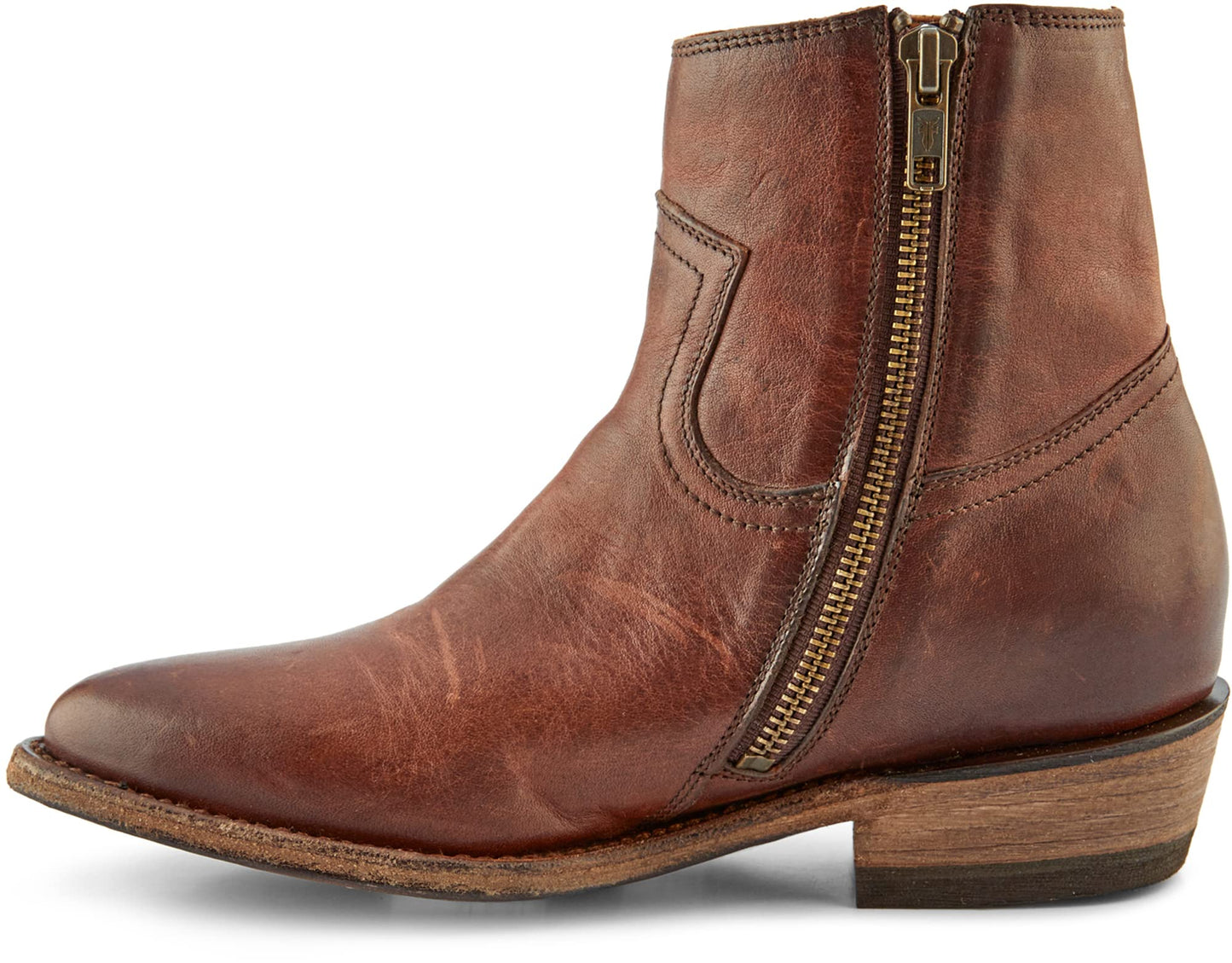 Frye Billy Inside Zip Booties for Women Crafted from Antiqued Pull-Up Leather with Wellington Stitchwork and Piping, Brass Hardware, and Inside Zipper – 5 ¾” Shaft Height, Redwood - 6.5M