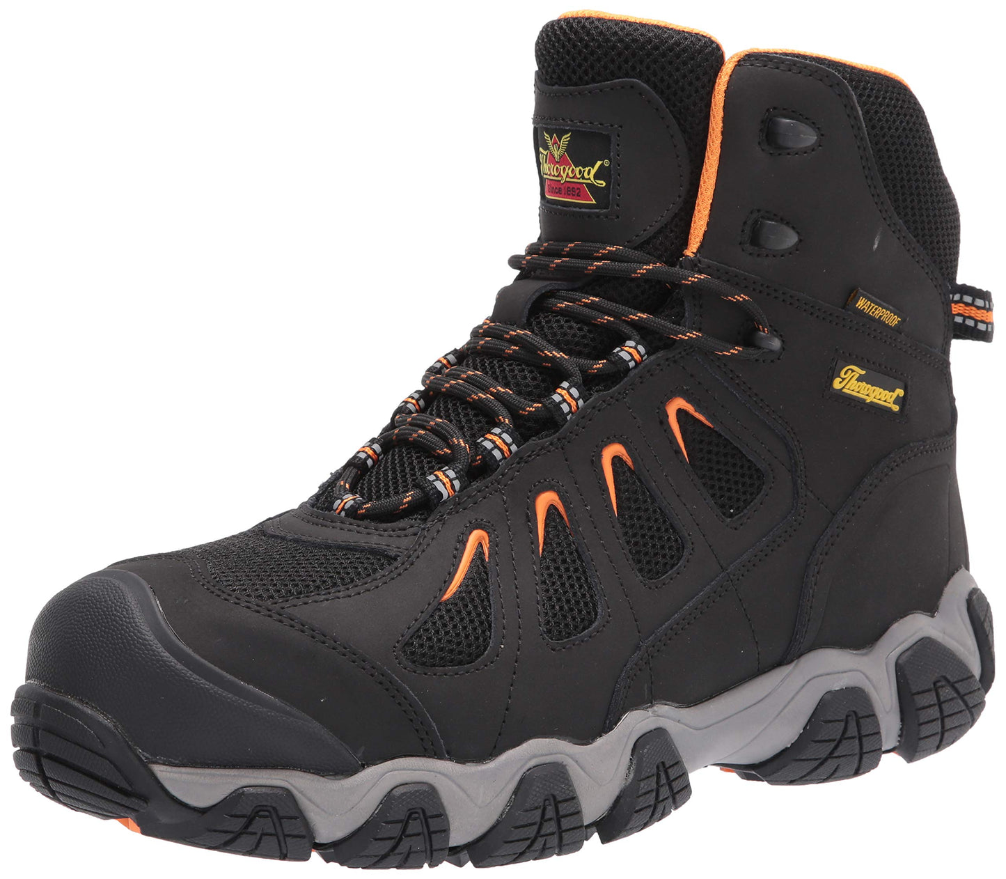 Thorogood Crosstrex 6 Waterproof Toe Hiking Boots for Men - Breathable Premium Leather and Mesh with Comfort Insole and Athletic Traction Outsole; ASTM Rated, Black/Orange - 12 M US