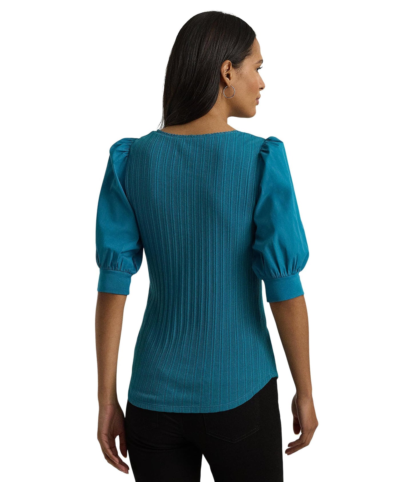 Lauren Ralph Lauren Women's Pointelle Puff Sleeve Henley Tee Turquoise Sky X-Large