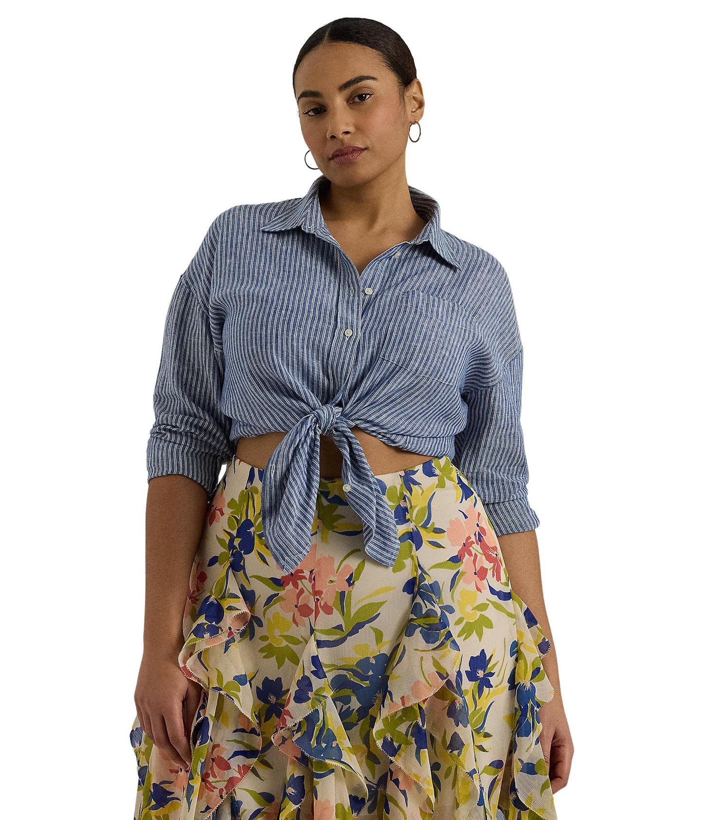 Lauren Ralph Lauren Women's Plus-Size Striped Cotton Broadcloth Shirt Blue/White 1 2X