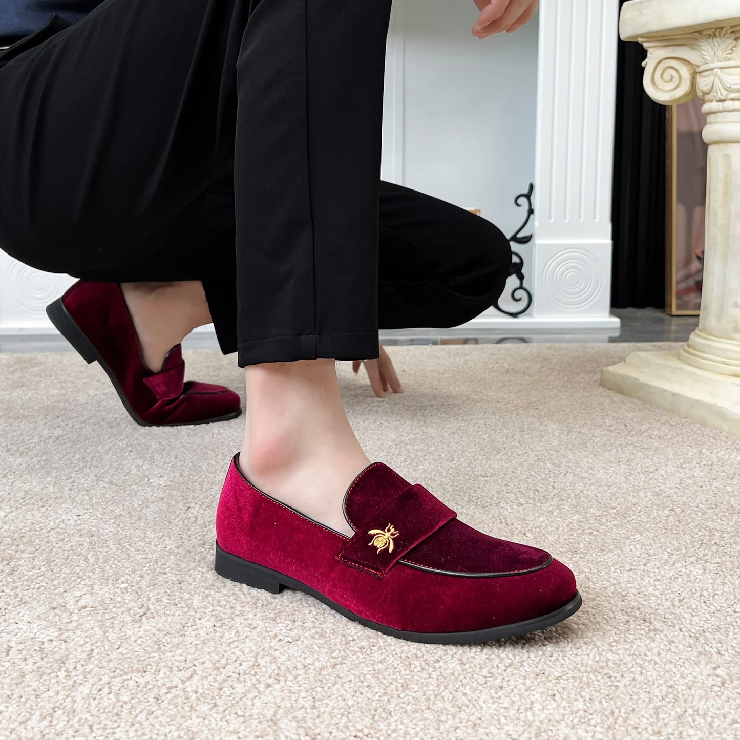 FLQL Men's Slip On Shoes Stitching Microfiber Leather Suede Loafer Non-Slip Casual Shoes Walking Shoes K26 Burgundy Size 8