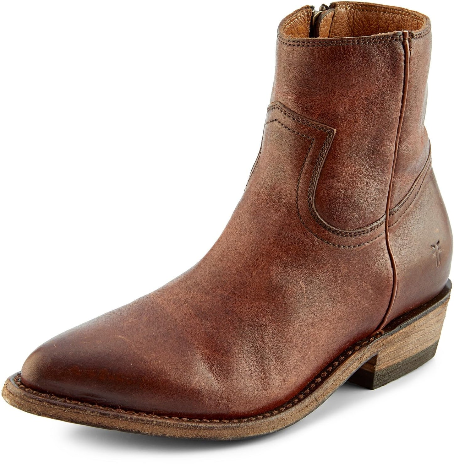 Frye Billy Inside Zip Booties for Women Crafted from Antiqued Pull-Up Leather with Wellington Stitchwork and Piping, Brass Hardware, and Inside Zipper – 5 ¾” Shaft Height, Redwood - 6.5M