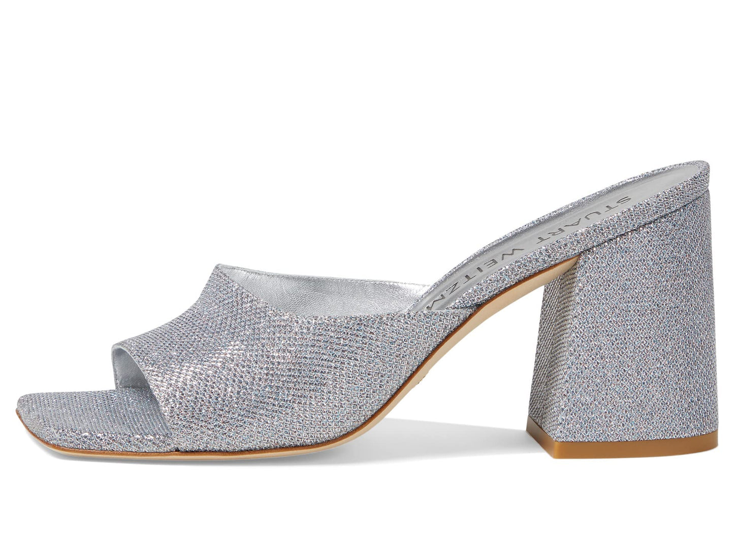 Stuart Weitzman Tia 85 Flareblock Slide Silver 7 B