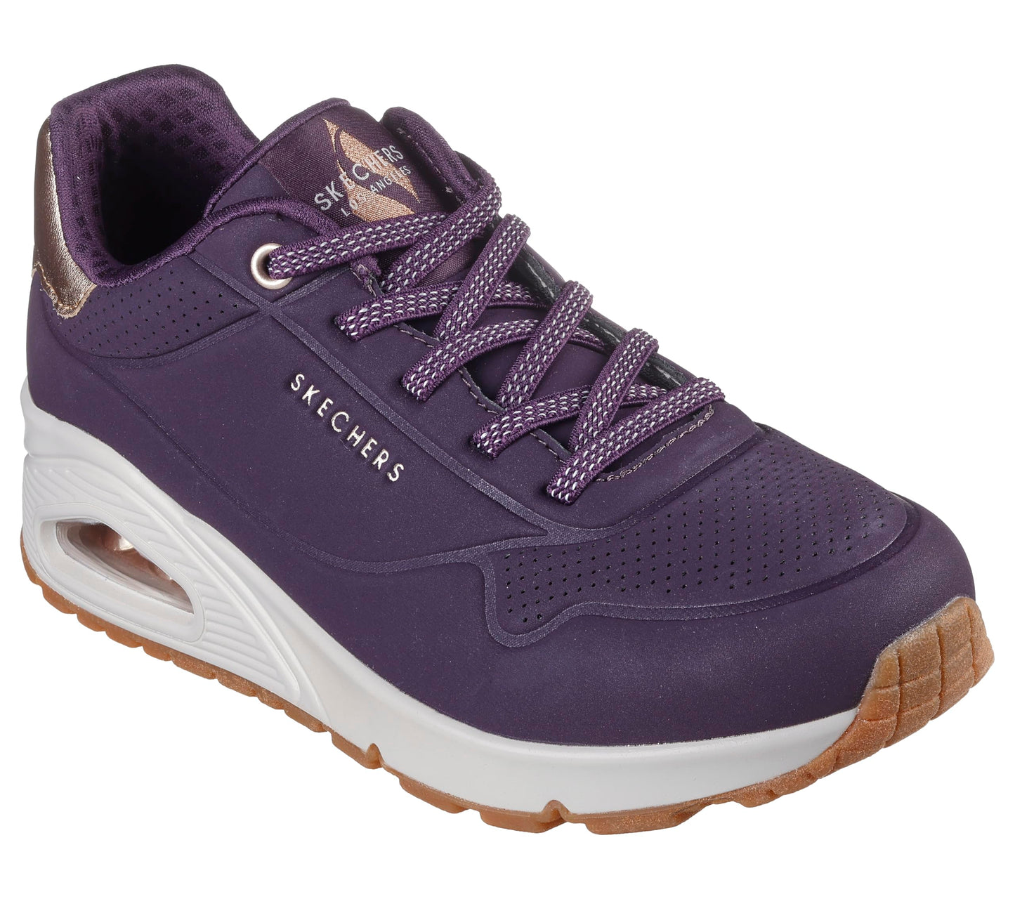 Skechers Women's Uno Shimmer AwaySneaker, Dark Purple Durabuck Rosegold Duraleather M, 8 UK